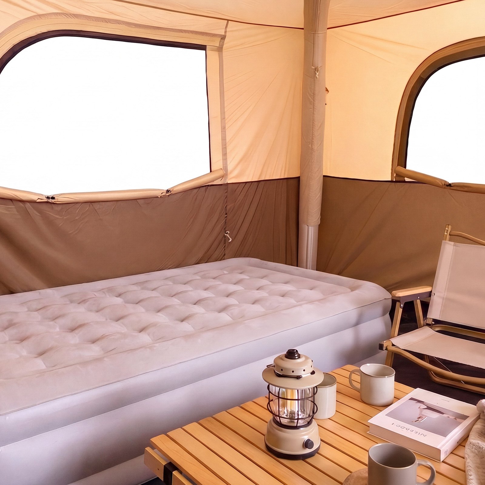 VEVOR Campingtent voor 6 personen, opblaasbare familietent met oplaadbare pomp, TPU-luchtslang en 4 gaasramen, cabinetent met draagtas voor gezinskamperen en wandelen, beige