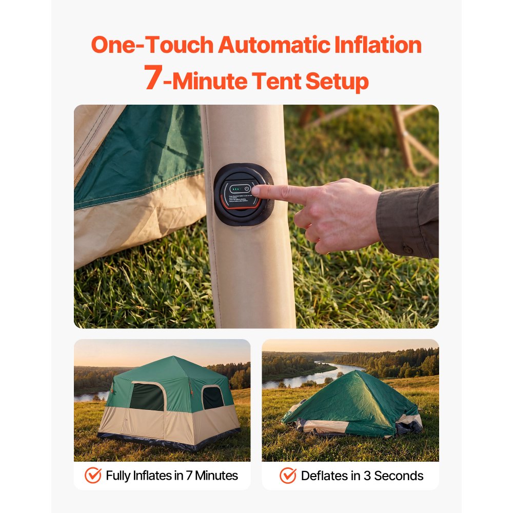 VEVOR Campingtent voor 6 personen, opblaasbare familietent met oplaadbare pomp, TPU-luchtslang en 4 gaasramen, cabinetent met draagtas voor gezinskamperen en wandelen, groen