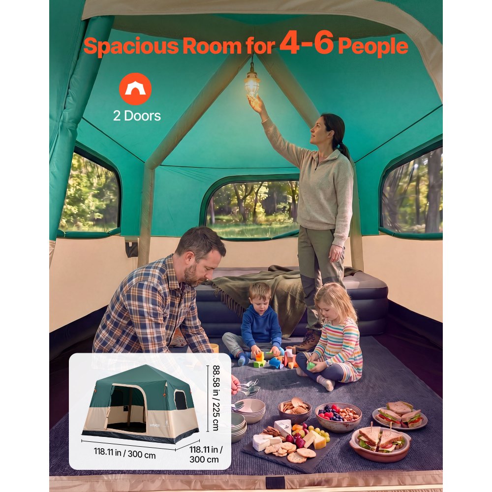 VEVOR Campingtent voor 6 personen, opblaasbare familietent met oplaadbare pomp, TPU-luchtslang en 4 gaasramen, cabinetent met draagtas voor gezinskamperen en wandelen, groen
