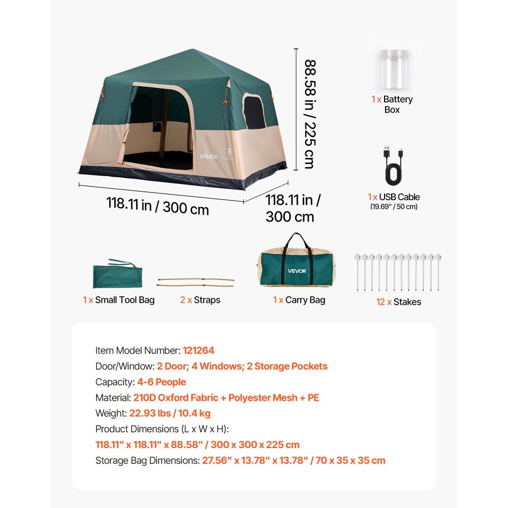 VEVOR Campingtent voor 6 personen, opblaasbare familietent met oplaadbare pomp, TPU-luchtslang en 4 gaasramen, cabinetent met draagtas voor gezinskamperen en wandelen, groen