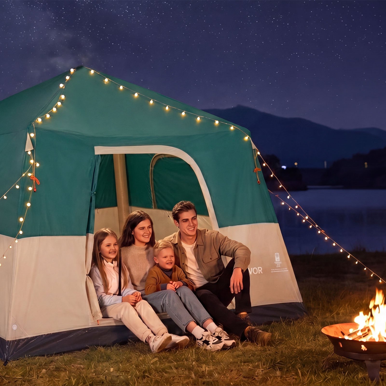 VEVOR Campingtent voor 6 personen, opblaasbare familietent met oplaadbare pomp, TPU-luchtslang en 4 gaasramen, cabinetent met draagtas voor gezinskamperen en wandelen, groen