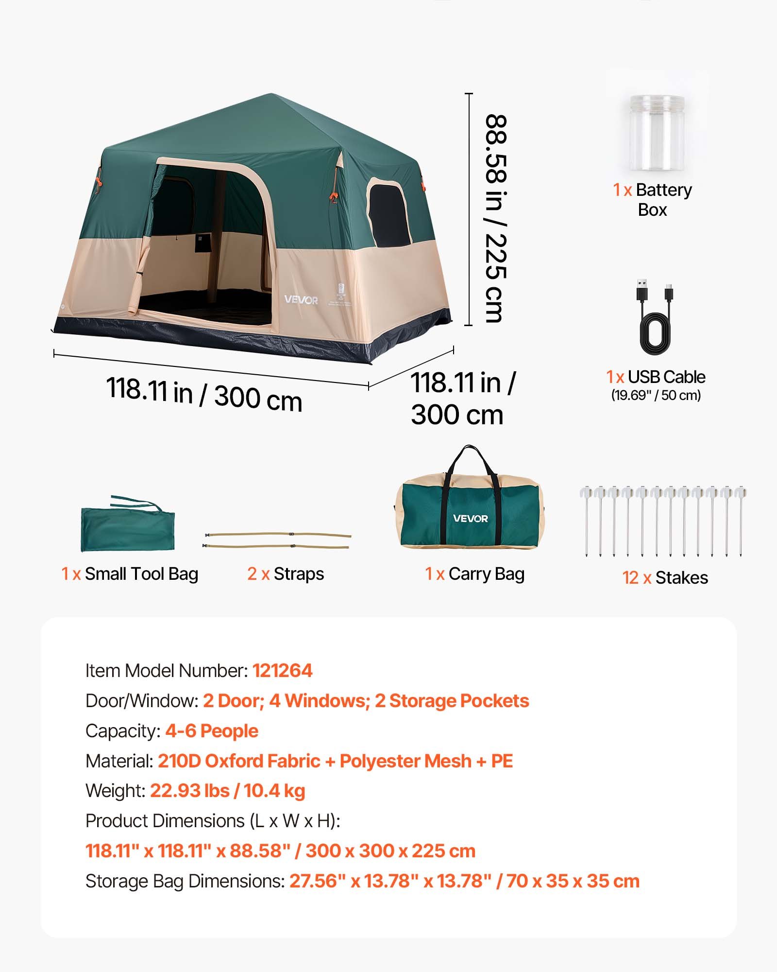 VEVOR Campingtent voor 6 personen, opblaasbare familietent met oplaadbare pomp, TPU-luchtslang en 4 gaasramen, cabinetent met draagtas voor gezinskamperen en wandelen, groen