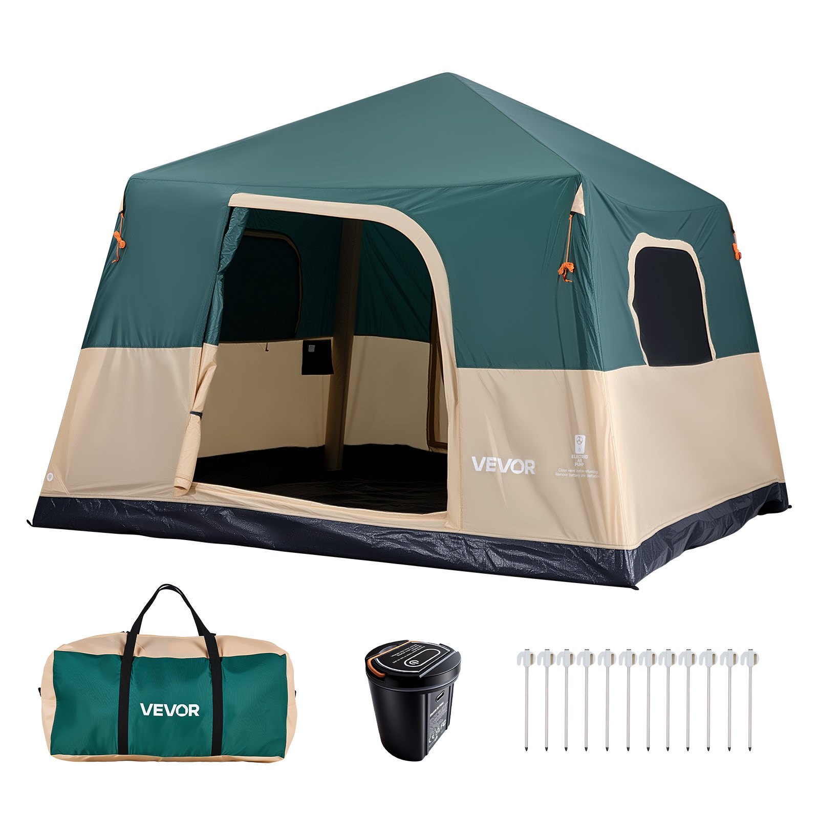 VEVOR Campingtent voor 6 personen, opblaasbare familietent met oplaadbare pomp, TPU-luchtslang en 4 gaasramen, cabinetent met draagtas voor gezinskamperen en wandelen, groen