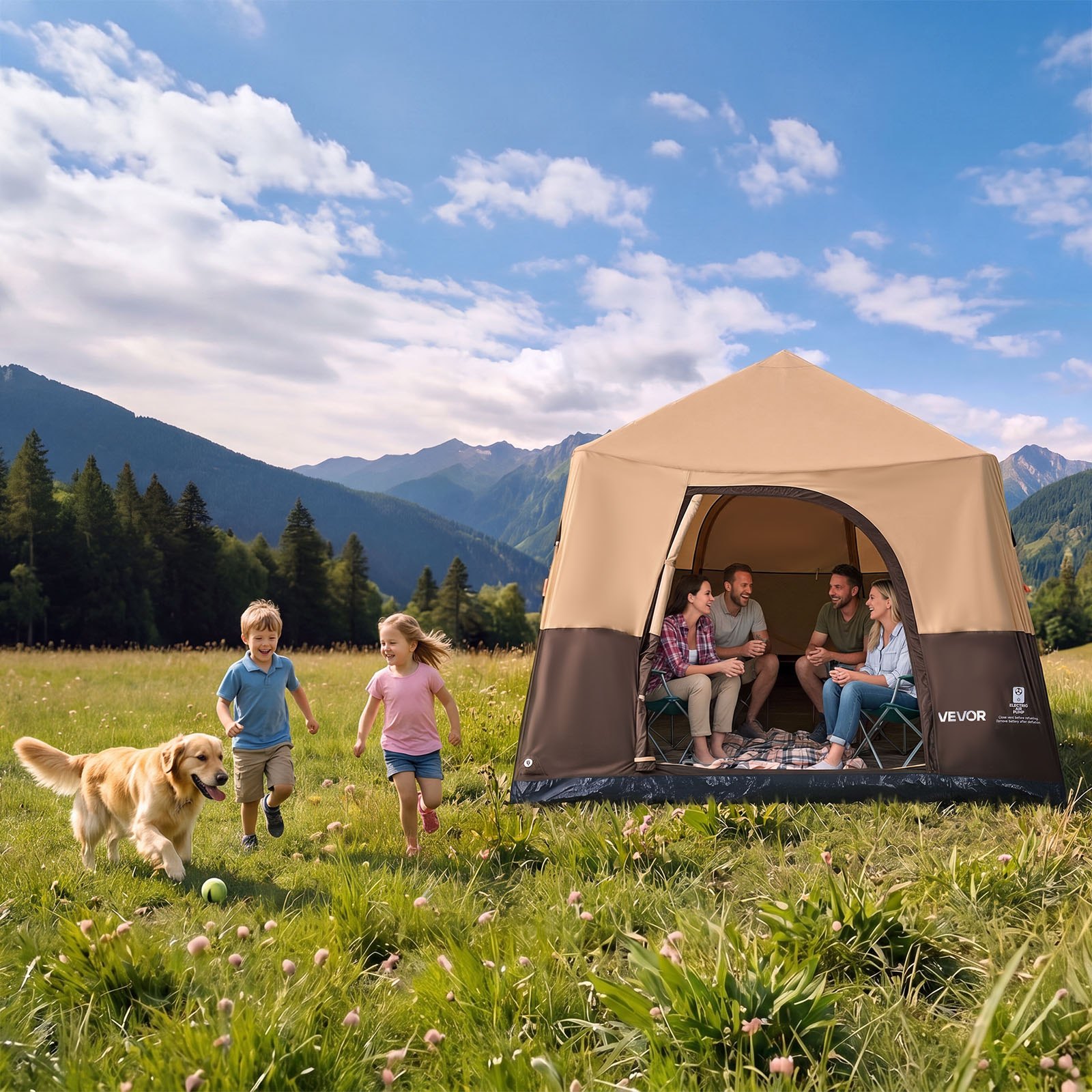 VEVOR Campingtent voor 8 personen, opblaasbare familietent met oplaadbare pomp, TPU-luchtslang en 4 gaasramen, cabinetent met draagtas voor gezinskamperen en wandelen, beige