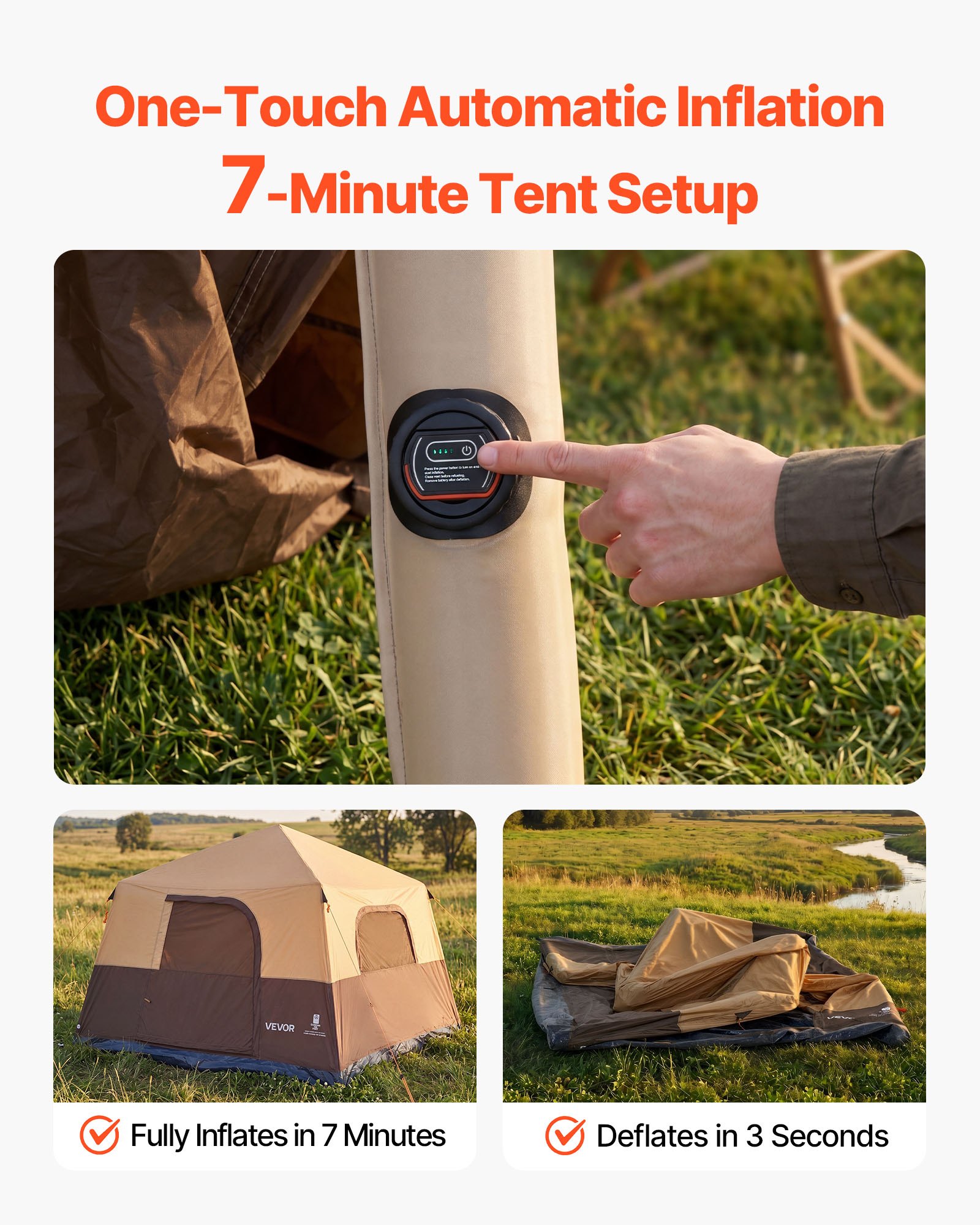 VEVOR Campingtent voor 8 personen, opblaasbare familietent met oplaadbare pomp, TPU-luchtslang en 4 gaasramen, cabinetent met draagtas voor gezinskamperen en wandelen, beige