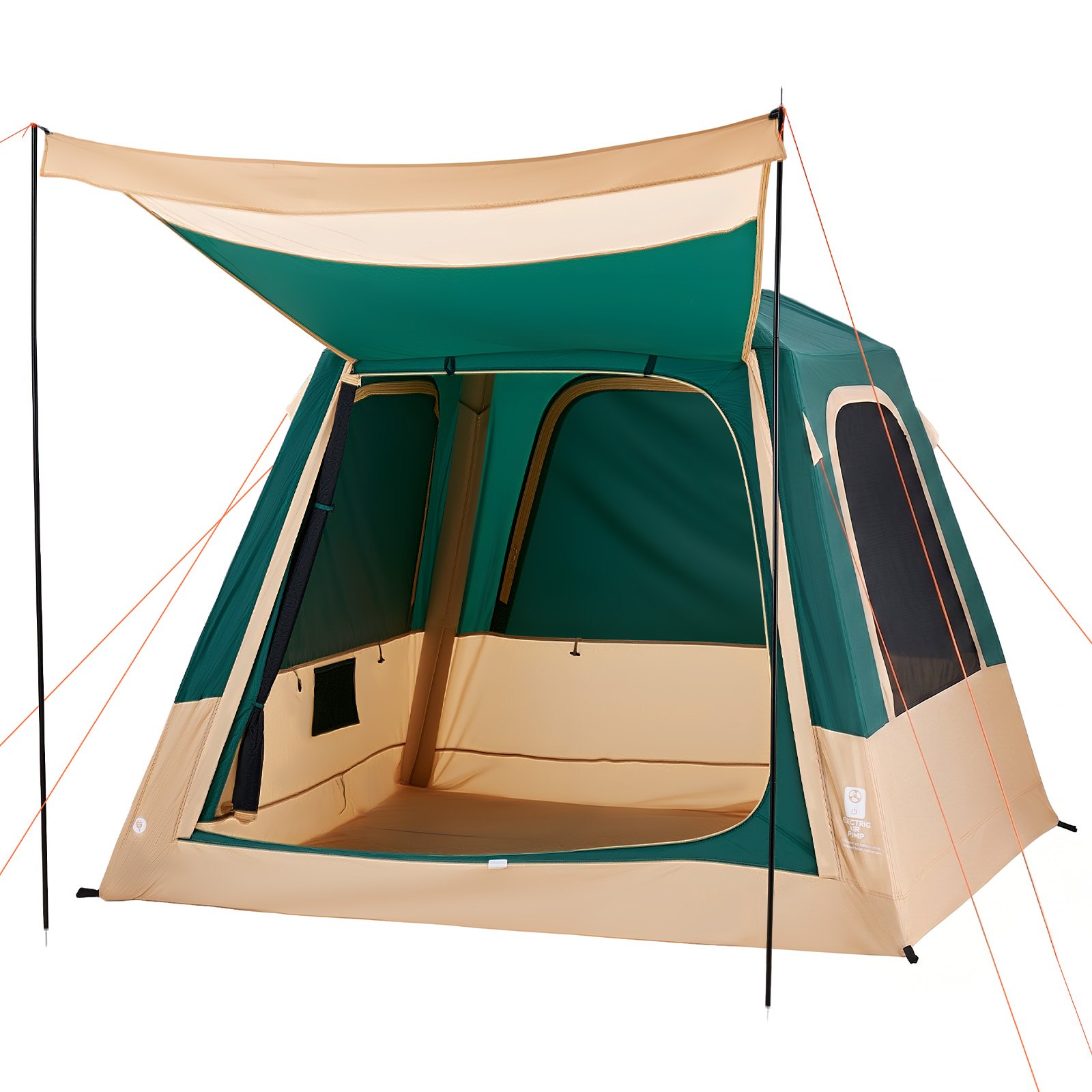 VEVOR Campingtent voor 4 personen, opblaasbare familietent met oplaadbare pomp, TPU-luchtslang en 5 gaasramen, cabinetent met draagtas voor gezinskamperen en wandelen, groen