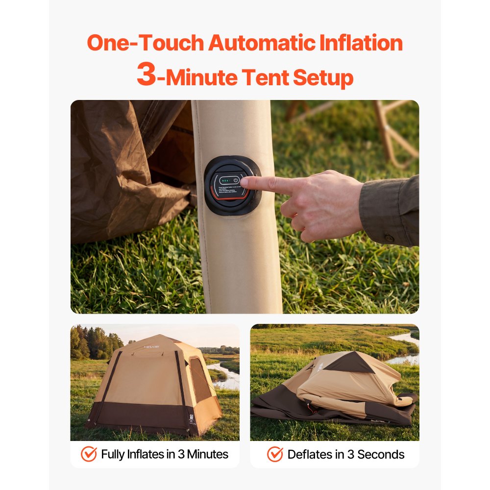 VEVOR 4-persoons campingtent, opblaasbare familietent met oplaadbare pomp, TPU-luchtslang en 5 gaasramen, cabinetent met draagtas voor gezinskamperen en wandelen, beige