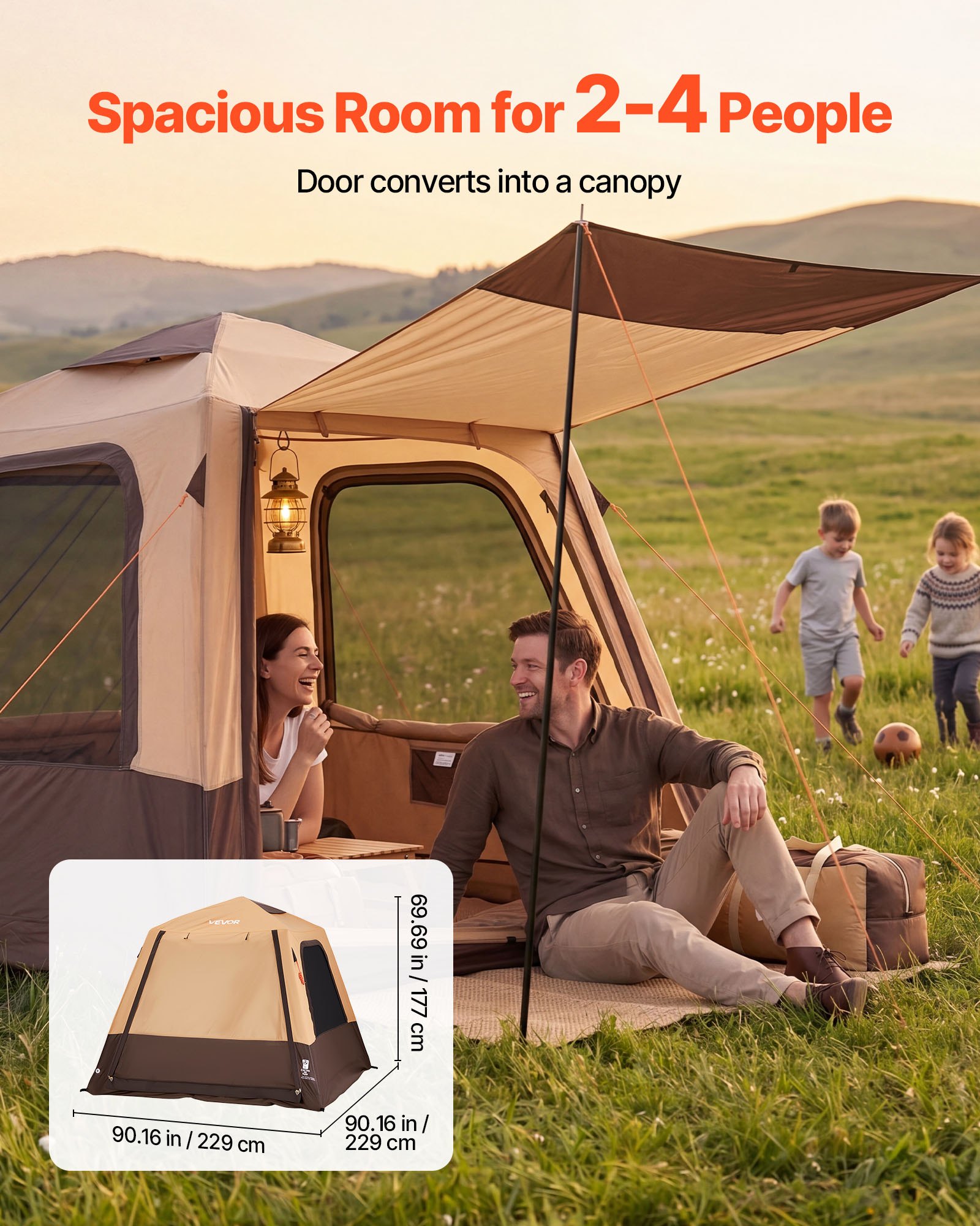 VEVOR 4-persoons campingtent, opblaasbare familietent met oplaadbare pomp, TPU-luchtslang en 5 gaasramen, cabinetent met draagtas voor gezinskamperen en wandelen, beige