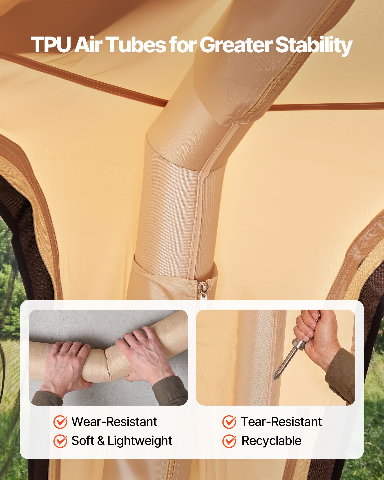VEVOR 4-persoons campingtent, opblaasbare familietent met oplaadbare pomp, TPU-luchtslang en 5 gaasramen, cabinetent met draagtas voor gezinskamperen en wandelen, beige