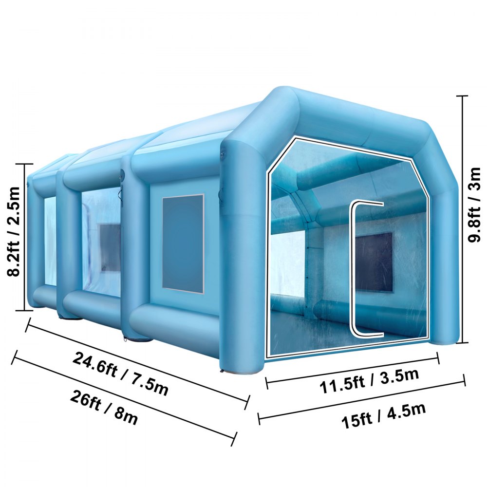 VEVOR Opblaasbare Spuitcabine Tent 8x4.5x3m Opblaasbare Spuitcabine Tent Spuitcabine Grote Auto Tent Feesttent Kampeertent Lucht Tent met 2 Elektrische Blaasmachines
