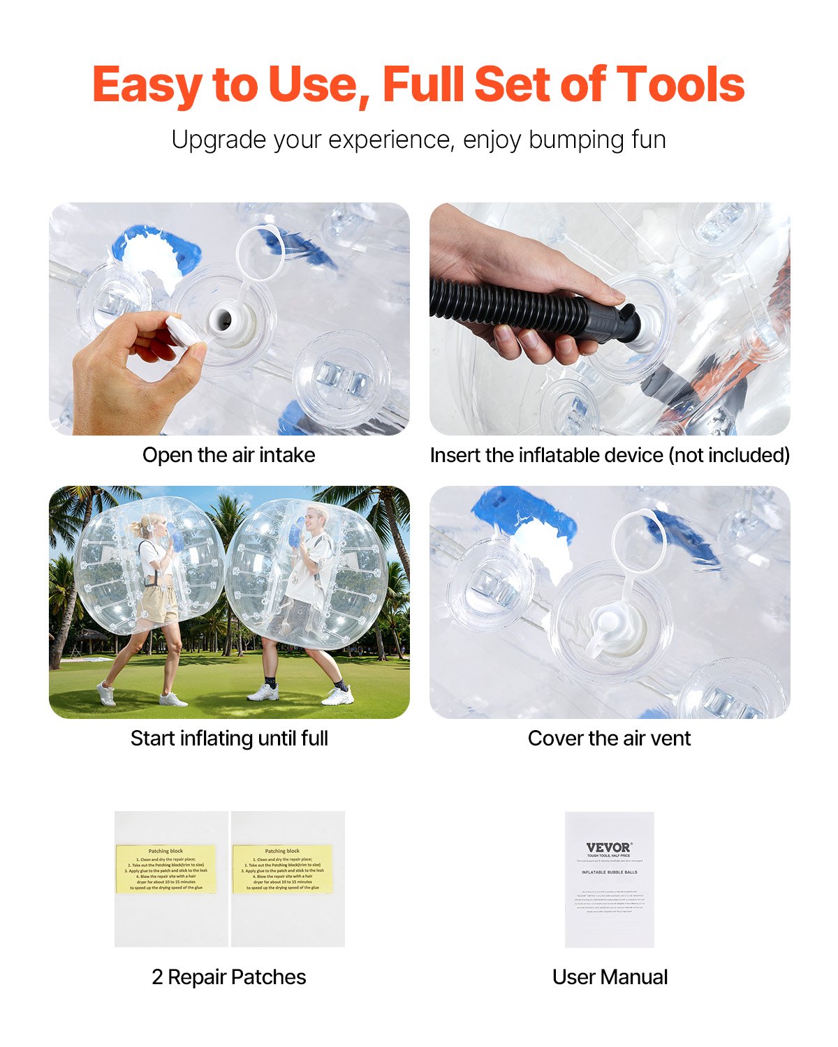 VEVOR Opblaasbare Bump Ball Bumper Ball 1 st. 1,5 m x 1,2 m, Menselijke botsingsbal, PVC Body Bubble Bounce Ball voor buitenactiviteiten, Transparante opblaasbare bumperbal