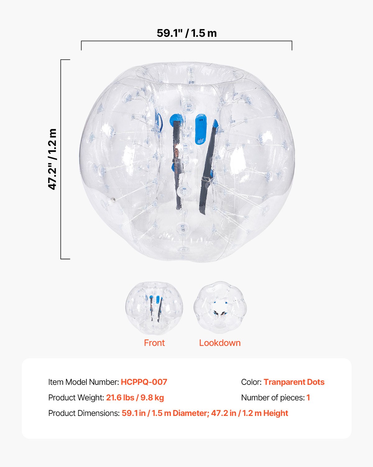 VEVOR Opblaasbare Bump Ball Bumper Ball 1 st. 1,5 m x 1,2 m, Menselijke botsingsbal, PVC Body Bubble Bounce Ball voor buitenactiviteiten, Transparante opblaasbare bumperbal