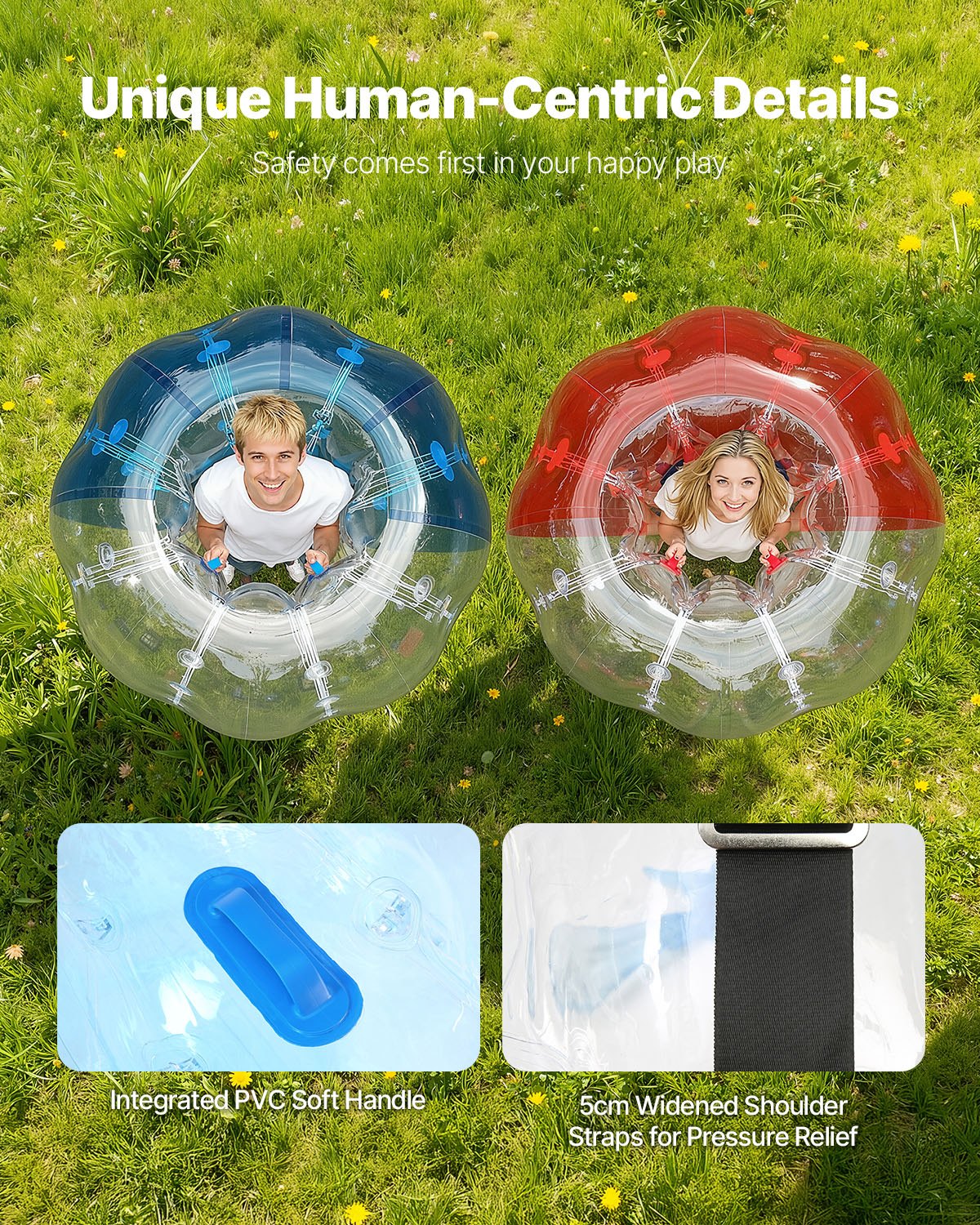 VEVOR Opblaasbare Bump Ball Bumper Ball 2-pack 1,5 m x 1,2 m, menselijke botsingsbal, PVC-lichaamsbubbel-stuitbal voor buitenactiviteiten, rood + blauw + transparant opblaasbare bumperbal