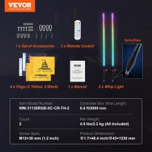 VEVOR 2 Pack Whip Light, LED Whip Light with App & Remote Control, Waterproof 360° Spiral RGB Tracking Light Whip with 2 Flags, 1219.2mm LED Whip Light for UTVs, ATVs, RZR