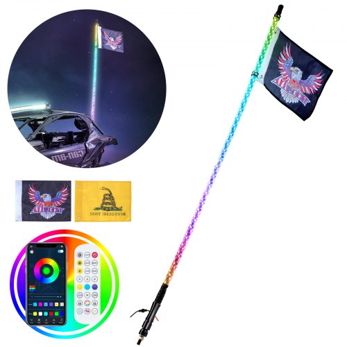 VEVOR 1 stuk 4 voet zweeplicht, APP en RF-afstandsbediening, LED-zweeplicht, waterdichte 360 ​​° spiraalvormige RGB-zwepen met verlichting en 2 vlaggen, voor UTV's, ATV's, motorfietsen, RZR, Can-Am