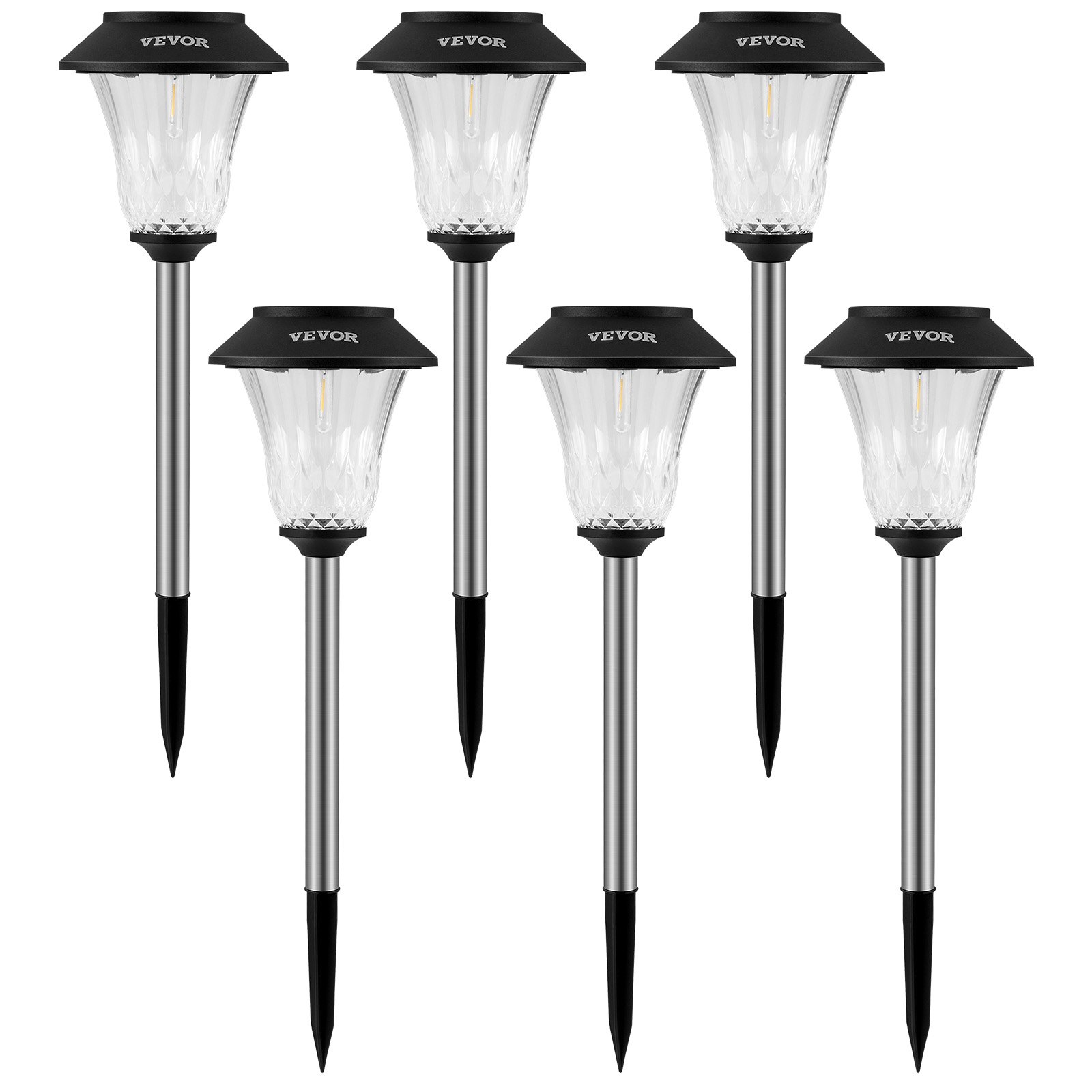VEVOR Solar Outdoor Lights, 6 Pack Bright up to 16h, Waterproof Pathway Light Solar Powered Landscape Stake Glass Stainless Steel Garden Lighting for Patio, Lawn, Yard, Walkway, Driveway (Warm White)
