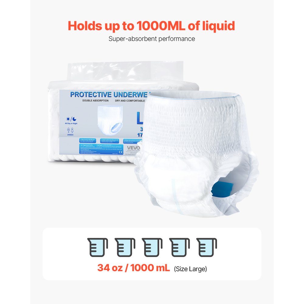 VEVOR Adult Incontinence Underwear, High Absorbent Protective Underwear for Men & Women, Disposable Adult Pull-ups Diaper with Leakproof Leg Cuff & Wetness Indicator - L Size, 64 Count (4 Packs of 16)
