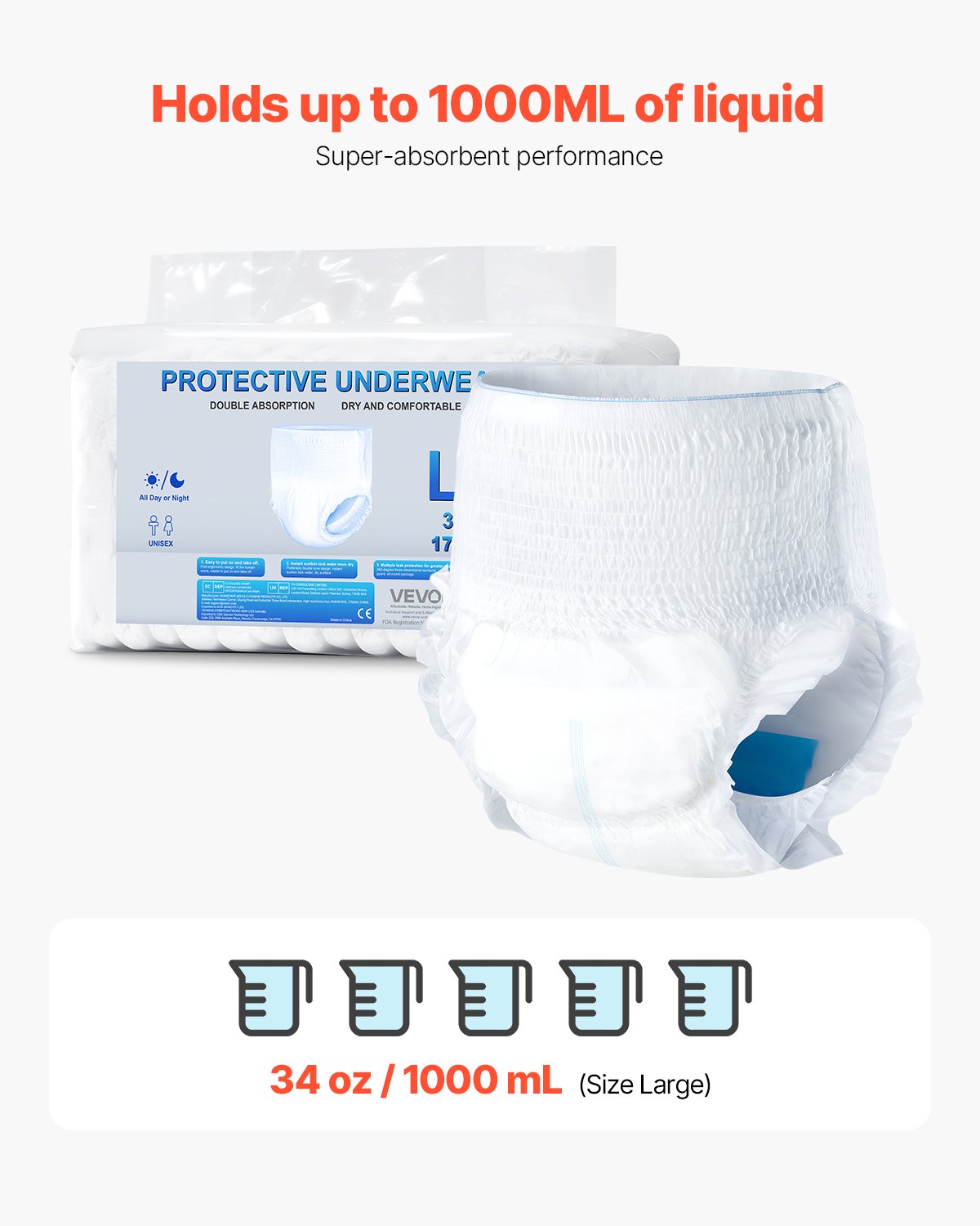 VEVOR Adult Incontinence Underwear, High Absorbent Protective Underwear for Men & Women, Disposable Adult Pull-ups Diaper with Leakproof Leg Cuff & Wetness Indicator - L Size, 64 Count (4 Packs of 16)