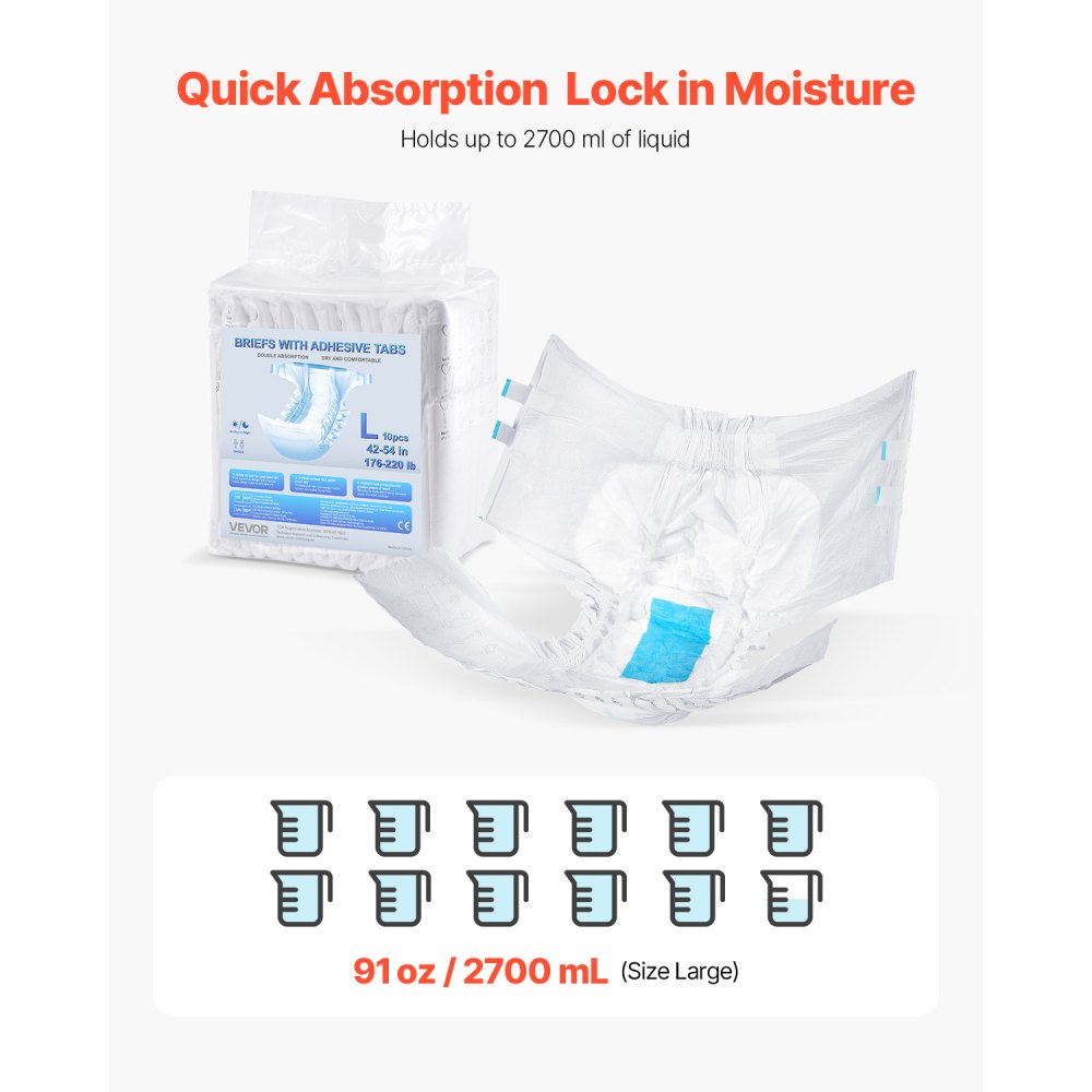 VEVOR Adult Briefs with Tabs, Super Absorbent Incontinence Briefs for Men and Women, Disposable Adult Diapers with Leakproof 3D Surround Guard & Wetness Indicator - L Size, 40 Count (4 Packs of 10)