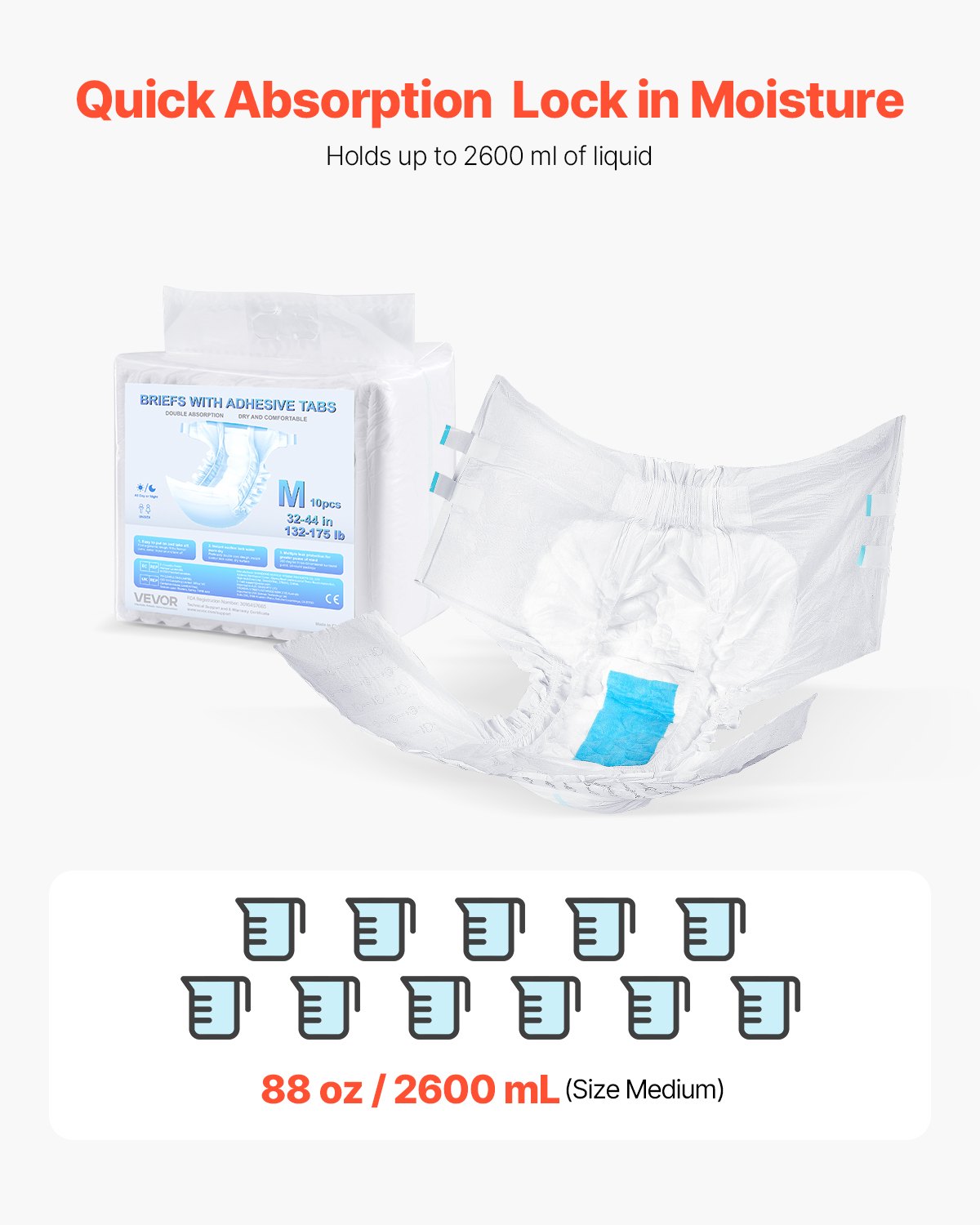 VEVOR Adult Briefs with Tabs, Super Absorbent Incontinence Briefs for Men and Women, Disposable Adult Diapers with Leakproof 3D Surround Guard & Wetness Indicator - M Size, 40 Count (4 Packs of 10)