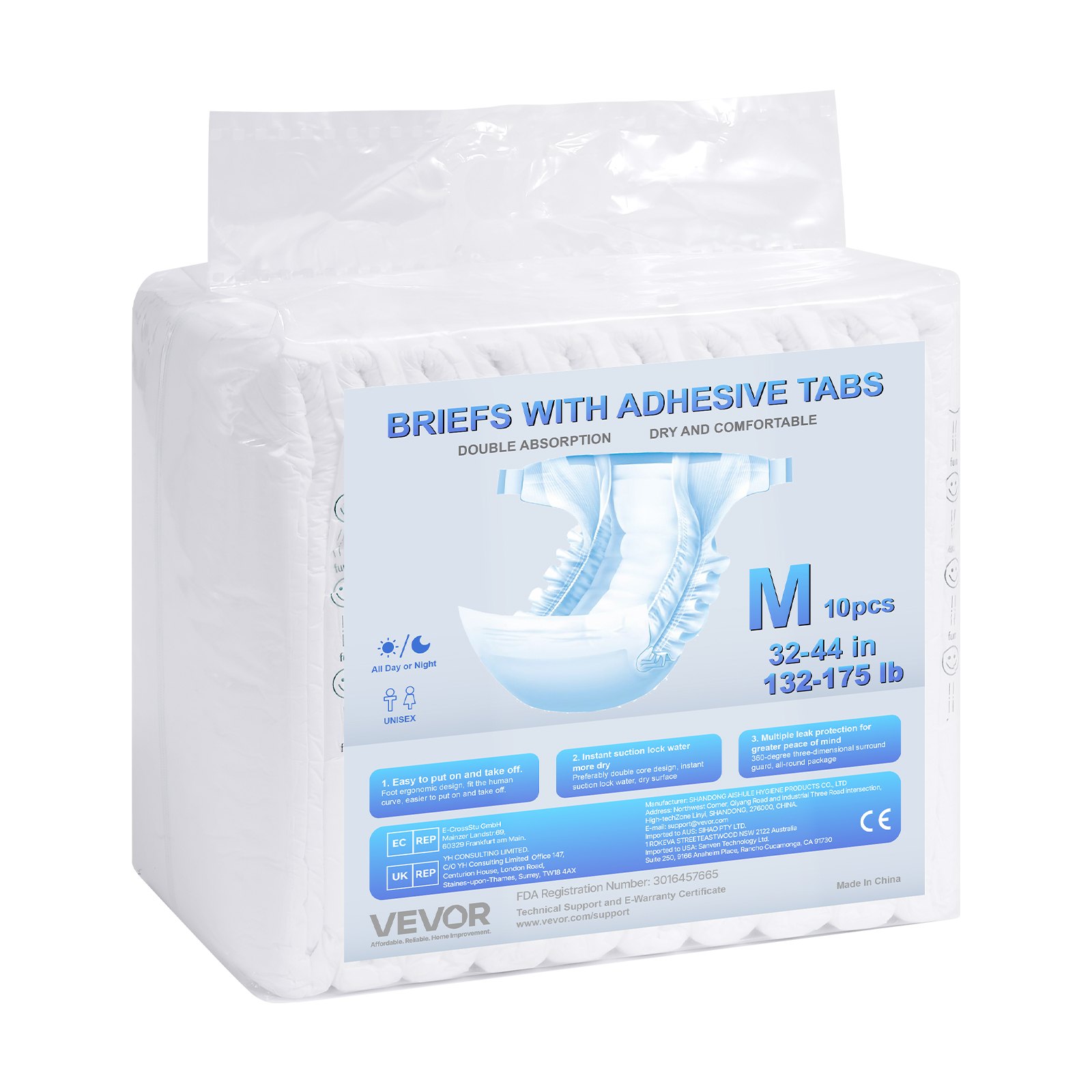 VEVOR Adult Briefs with Tabs, Super Absorbent Incontinence Briefs for Men and Women, Disposable Adult Diapers with Leakproof 3D Surround Guard & Wetness Indicator - M Size, 40 Count (4 Packs of 10)