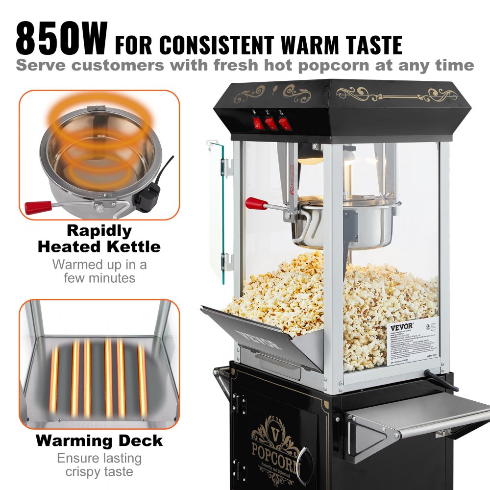 VEVOR Popcornmachine met kar, 850W popcornmaker, 8 oz waterkoker voor 48 kopjes per lading, popcornmachine met gehard glas inclusief 4 scheppen, bioscoopstijl restaurant, zwart