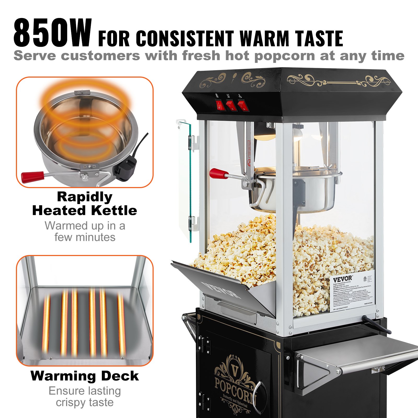 VEVOR Popcornmachine met kar, 850W popcornmaker, 8 oz waterkoker voor 48 kopjes per lading, popcornmachine met gehard glas inclusief 4 scheppen, bioscoopstijl restaurant, zwart