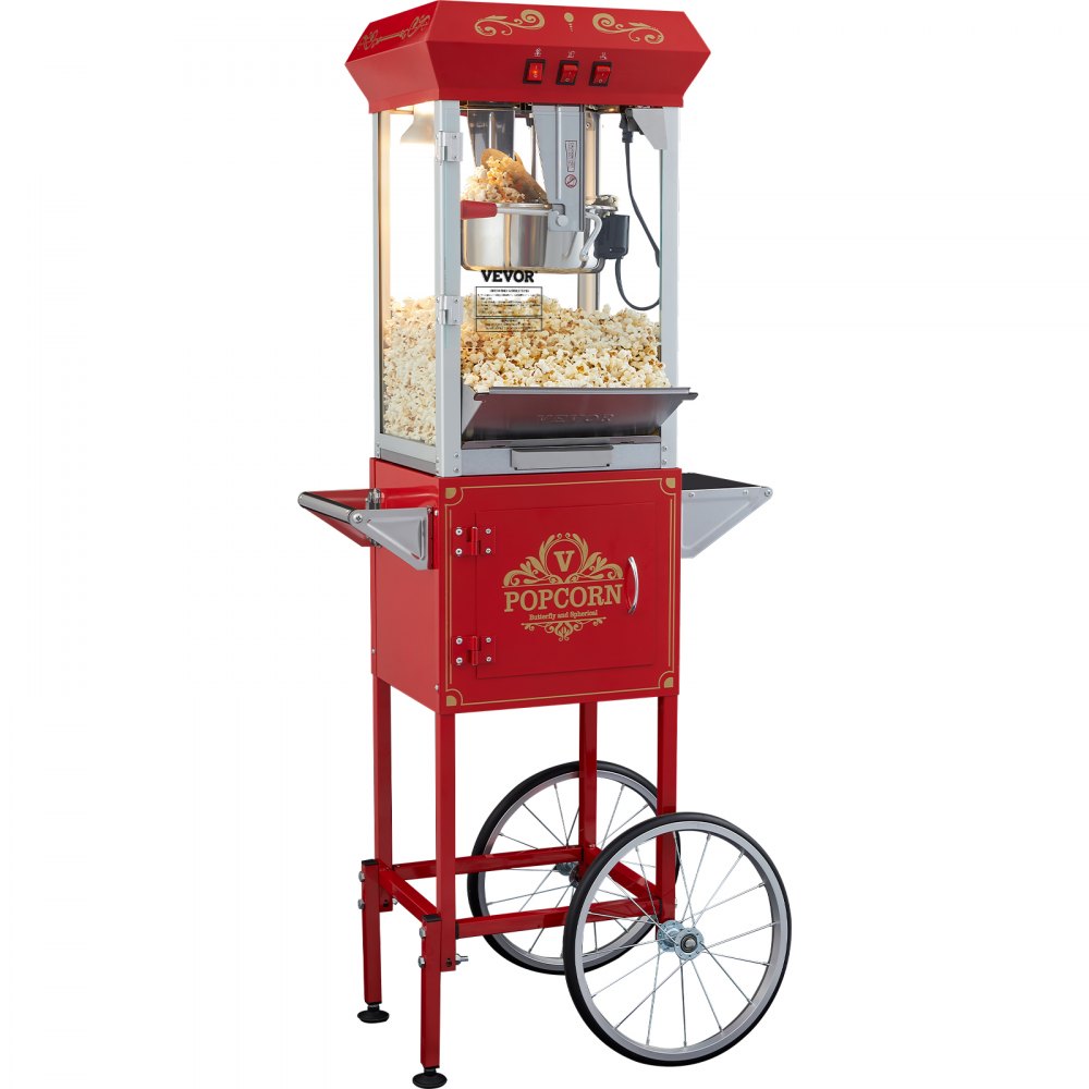 VEVOR Popcornmachine met kar, 850 W popcornmachine, 8 oz waterkoker voor 48 kopjes per lading, popcornmachine met gehard glas, inclusief 4 scheppen, bioscoopstijl, rood