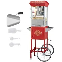 VEVOR Popcornmachine, Popcornmaker met Verrijdbaar Onderstel, 850W, 8oz Ketel voor 48 Kopjes per Vulling, Popcornmachine met Gehard Glazen Behuizing, Inclusief 4 Schepjes, Bioscoopstijl, Rood
