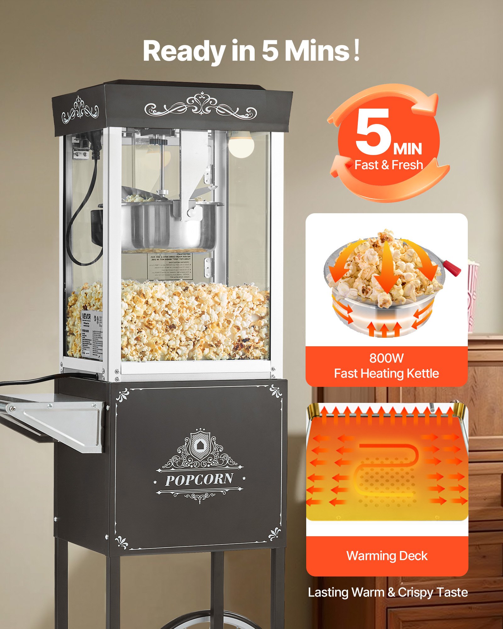 VEVOR Popcornmachine met waterkoker en kar, 800W commerciële popcornmachine, 48 kopjes per lading, met bediening met 2 knoppen, glazen wand, PC-deur, 1 maatschep, 3 lepels, zwart
