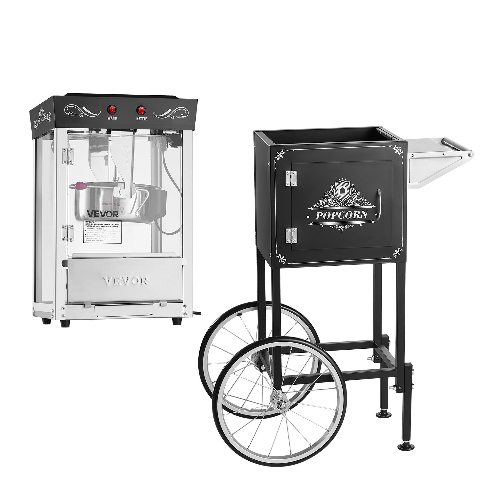 VEVOR Popcornmachine met waterkoker en kar, 800W commerciële popcornmachine, 48 kopjes per lading, met bediening met 2 knoppen, glazen wand, PC-deur, 1 maatschep, 3 lepels, zwart