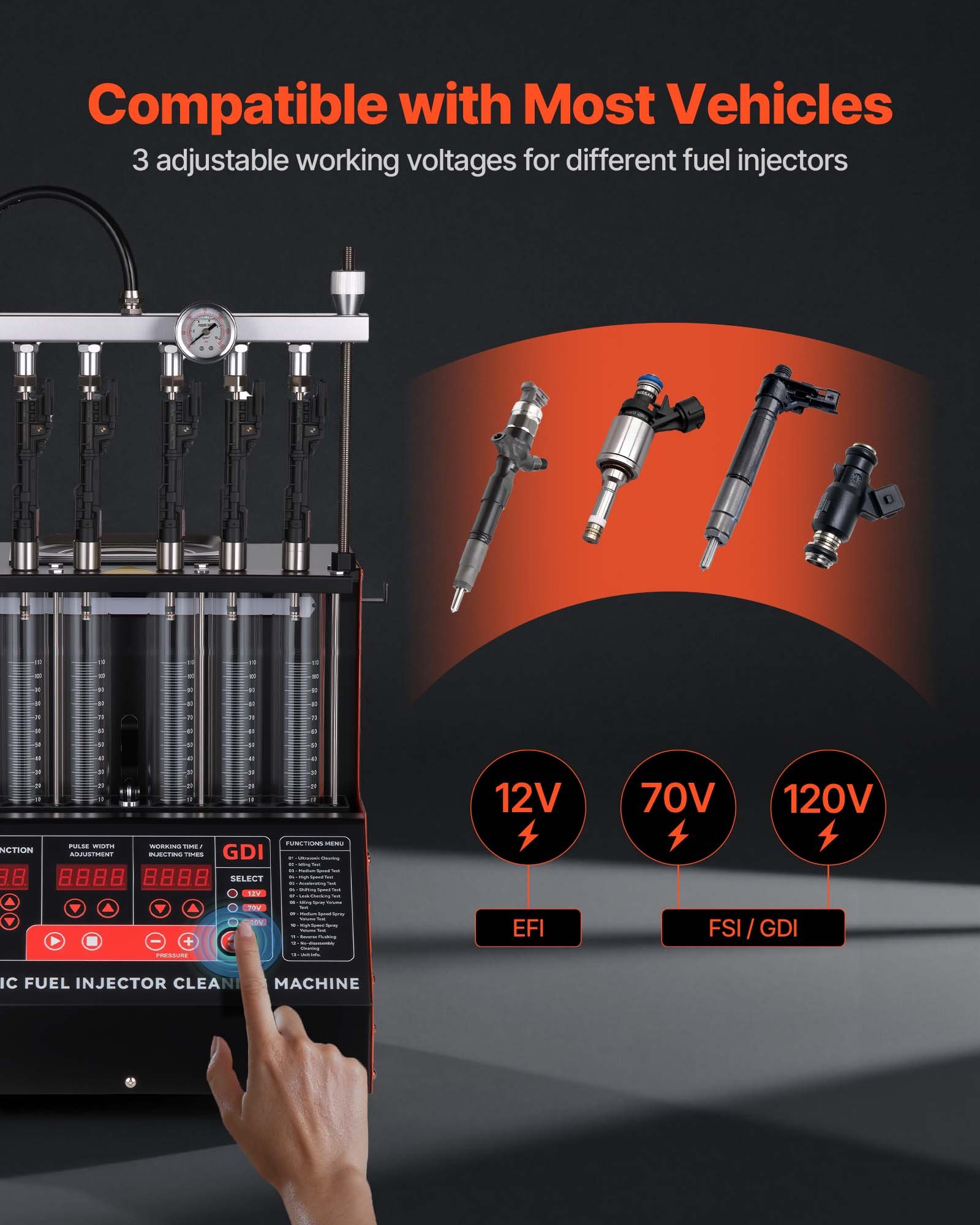 VEVOR Injectorreiniger Tester met 9 Testmodi, Ultrasoon Reinigingsapparaat voor 6 Cilinders (28 kHz), Instelbaar op 12/70/120 V voor EFI/FSI/GDI, Injectorreiniger met Aftapkraan voor Auto's