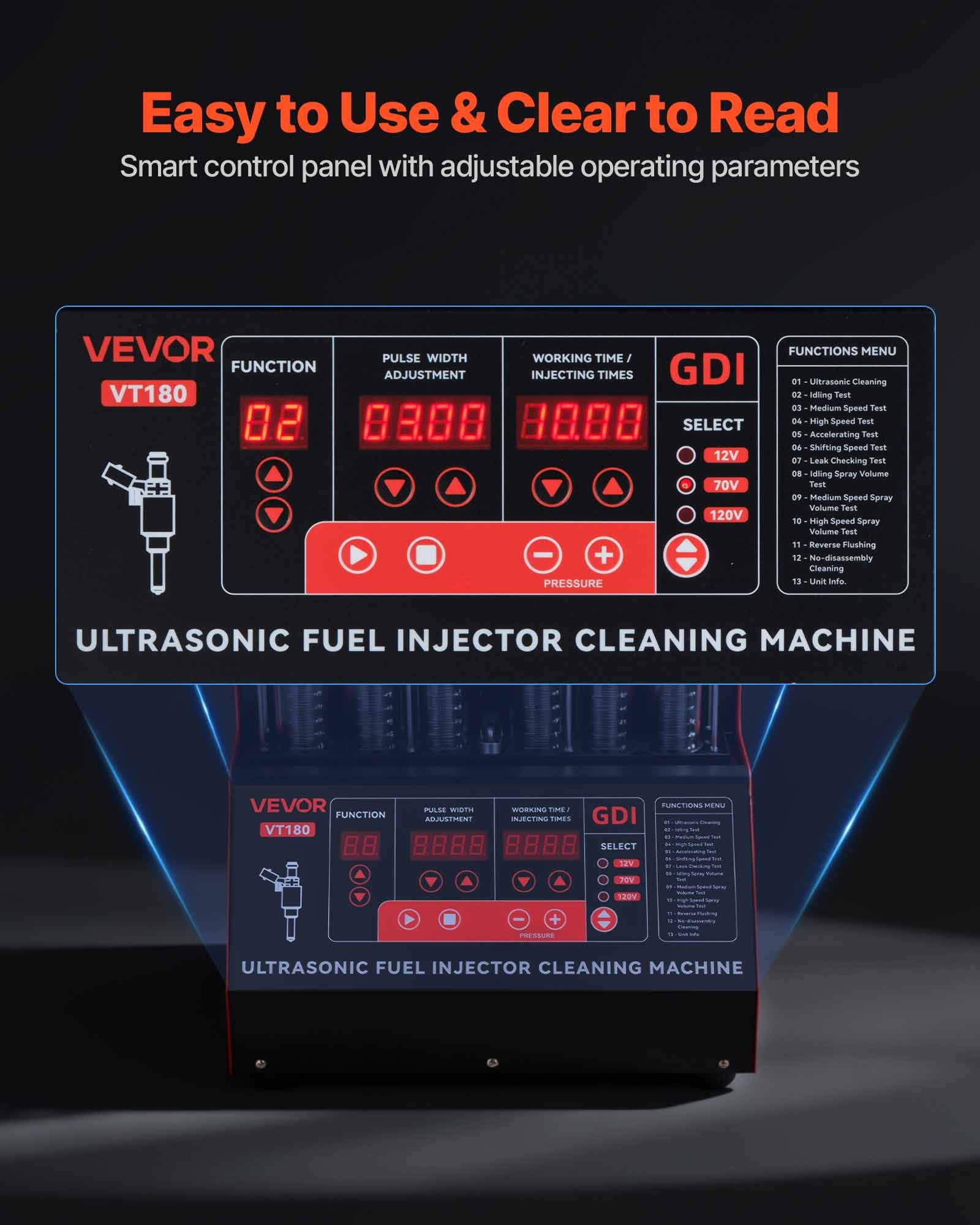 VEVOR Injectorreiniger Tester met 9 Testmodi, Ultrasoon Reinigingsapparaat voor 6 Cilinders (28 kHz), Instelbaar op 12/70/120 V voor EFI/FSI/GDI, Injectorreiniger met Aftapkraan voor Auto's