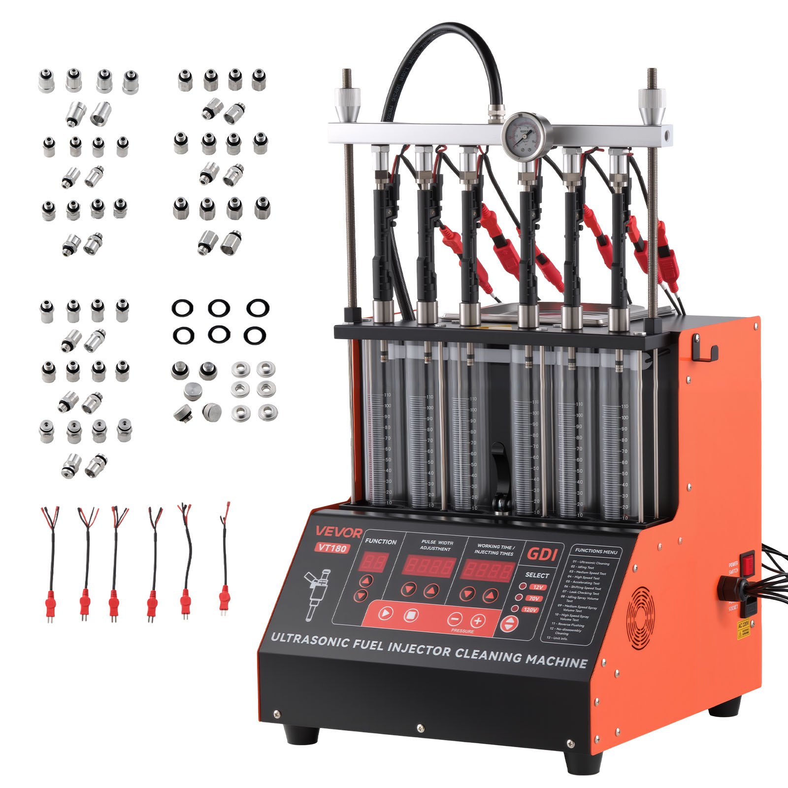 VEVOR Injectorreiniger Tester met 9 Testmodi, Ultrasoon Reinigingsapparaat voor 6 Cilinders (28 kHz), Instelbaar op 12/70/120 V voor EFI/FSI/GDI, Injectorreiniger met Aftapkraan voor Auto's