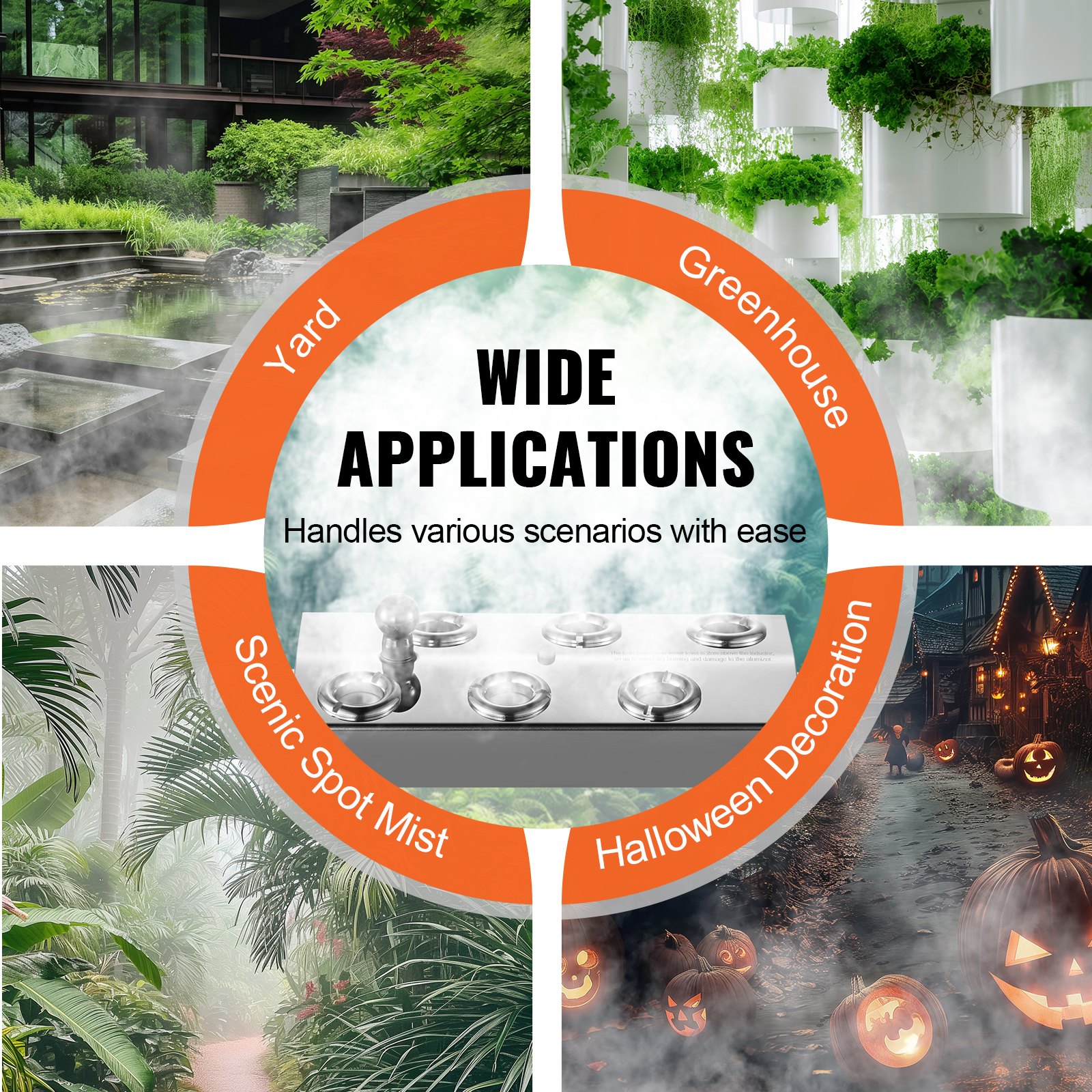 VEVOR Ultrasone vernevelaar met 6 koppen, 4500 ml/u ultrasone vernevelaar, vernevelaar met 165 W IP67 waterdichte voeding, boei, reserve schijven, voor vijver, tuin, rotstuin, kas, Halloween-decoratie