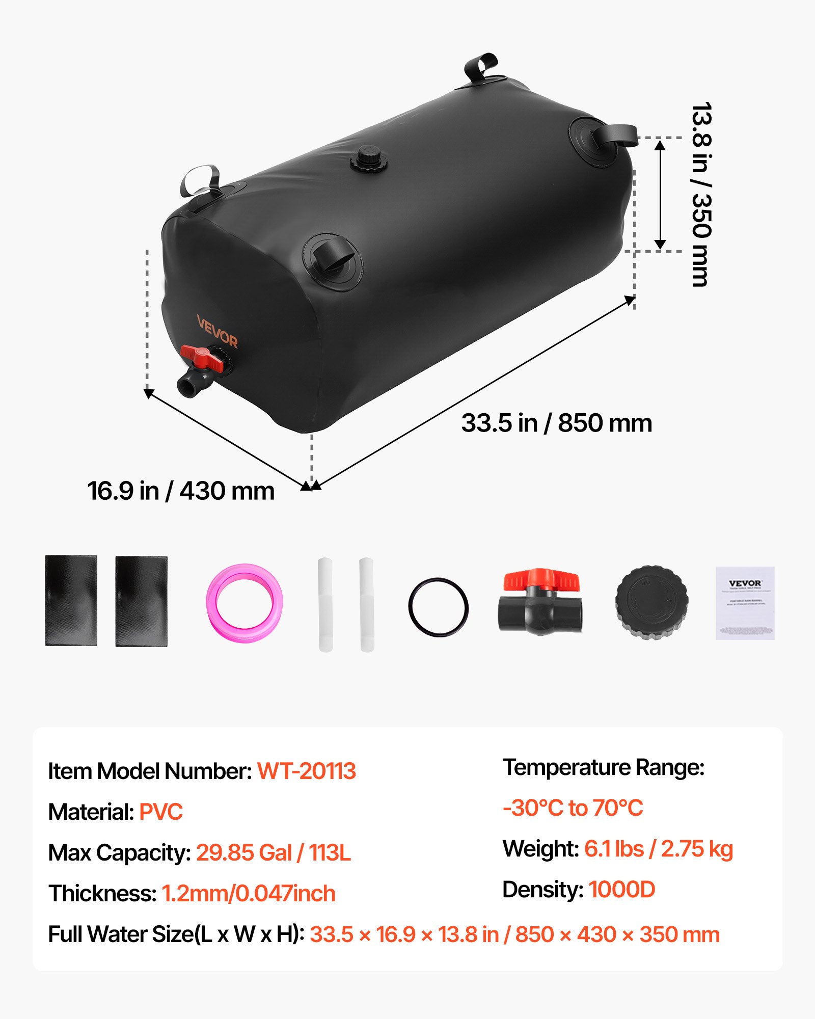 VEVOR Water Storage Bladder, 29.85 Gallon (113L) Water Storage Container Tank, 1000D PVC Thickened Soft Bag Bladder, Collapsible Portable for Garden Irrigation, Camping, RVs, Emergency Use - Black