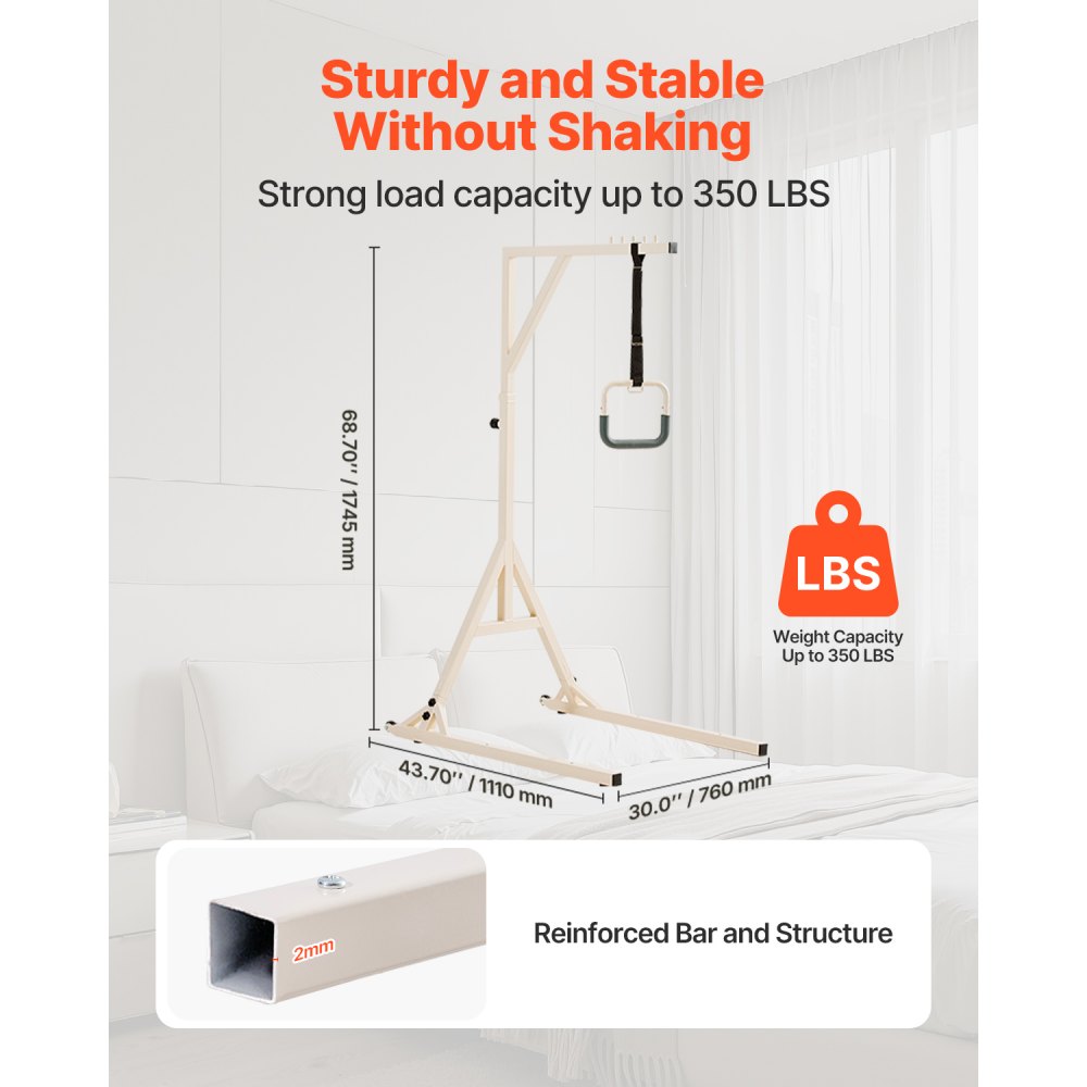 VEVOR Trapeze Bar for Bed Mobility, Height-Adjustable Bed Trapeze with 2 Casters, 350LBS Weight Capacity Heavy Duty Pull Up Assist Bar with Floor Stand for Elderly, Disabled, Bedridden Patients