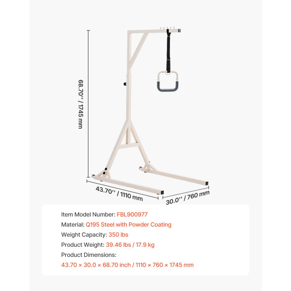 VEVOR Trapeze Bar for Bed Mobility, Height-Adjustable Bed Trapeze with 2 Casters, 350LBS Weight Capacity Heavy Duty Pull Up Assist Bar with Floor Stand for Elderly, Disabled, Bedridden Patients