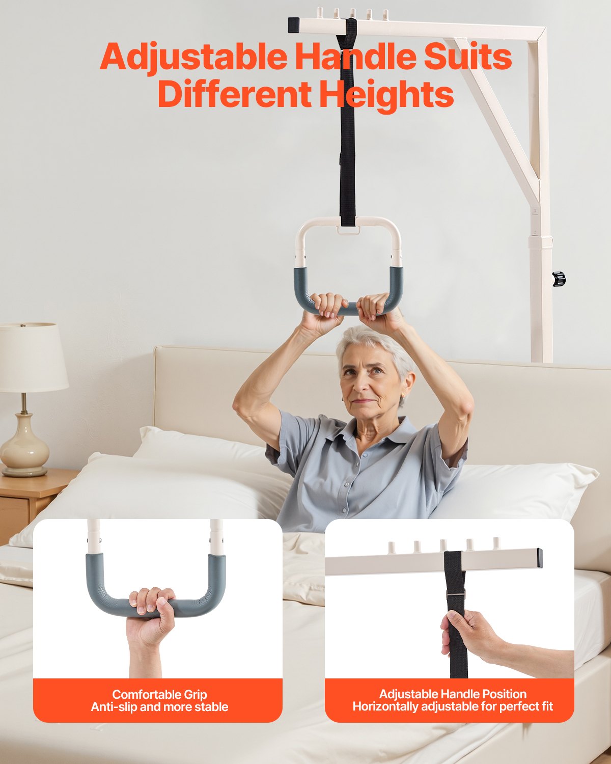 VEVOR Trapeze Bar for Bed Mobility, Height-Adjustable Bed Trapeze with 2 Casters, 350LBS Weight Capacity Heavy Duty Pull Up Assist Bar with Floor Stand for Elderly, Disabled, Bedridden Patients