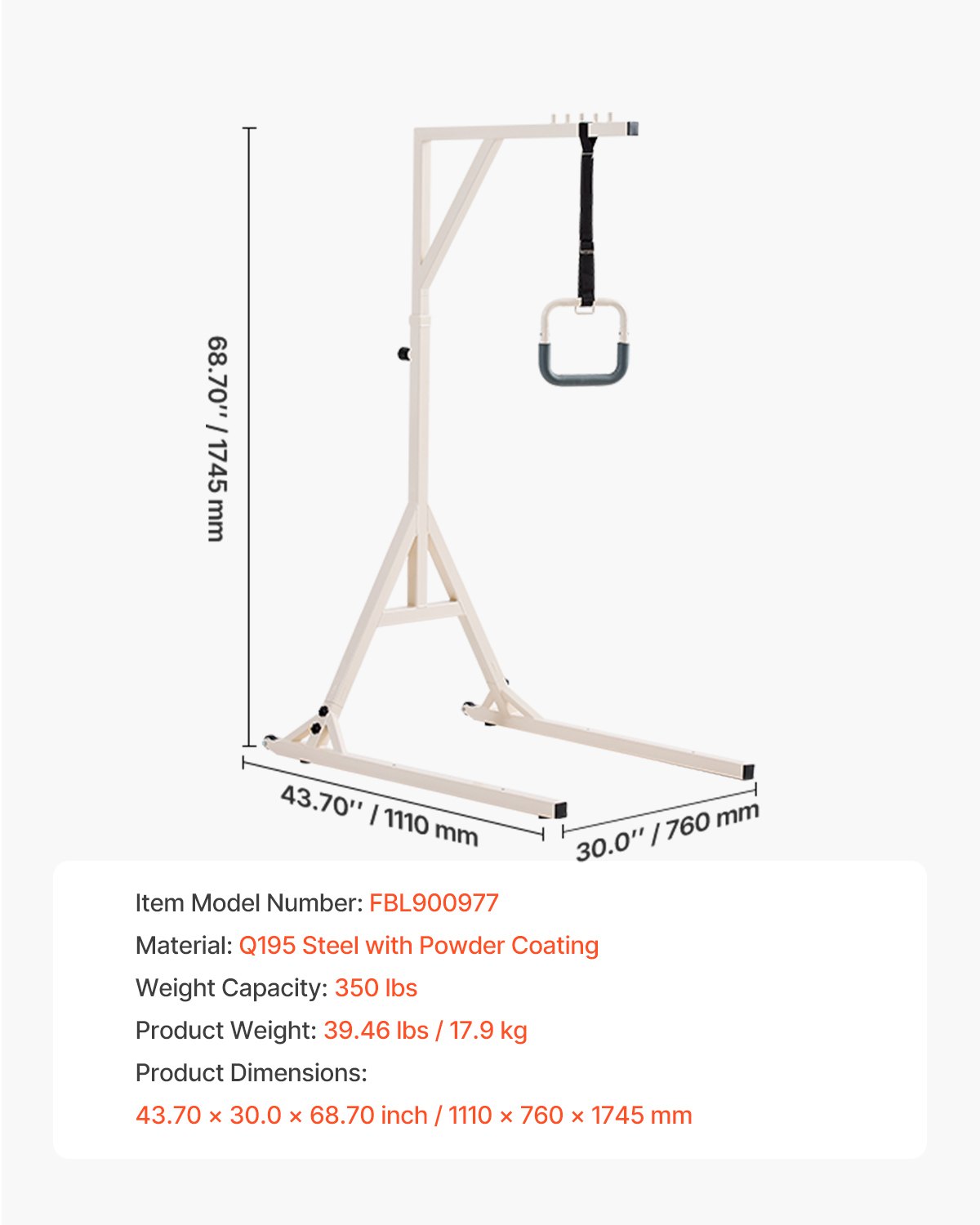 VEVOR Trapeze Bar for Bed Mobility, Height-Adjustable Bed Trapeze with 2 Casters, 350LBS Weight Capacity Heavy Duty Pull Up Assist Bar with Floor Stand for Elderly, Disabled, Bedridden Patients