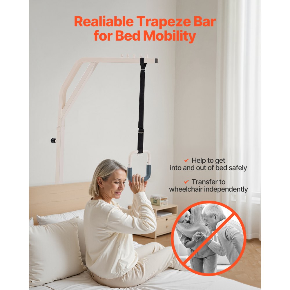 VEVOR Trapeze Bar for Bed Mobility, Height-Adjustable Free Standing Trapeze Bar with 2 Wheels, 300LBS Capacity Bed Pull Up Assist for Elderly Disabled, Ideal for Hospital, Nursing Home & Home Care