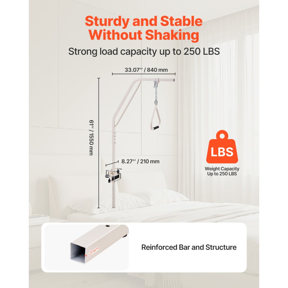 VEVOR Bedlift 840x210x1550 mm, Bedlift met klemmen en metalen ketting, tot 113 kg, Stahulp voor ouderen en bedlegerige mensen, Ideaal voor thuiszorg, ziekenhuizen en verpleeghuizen