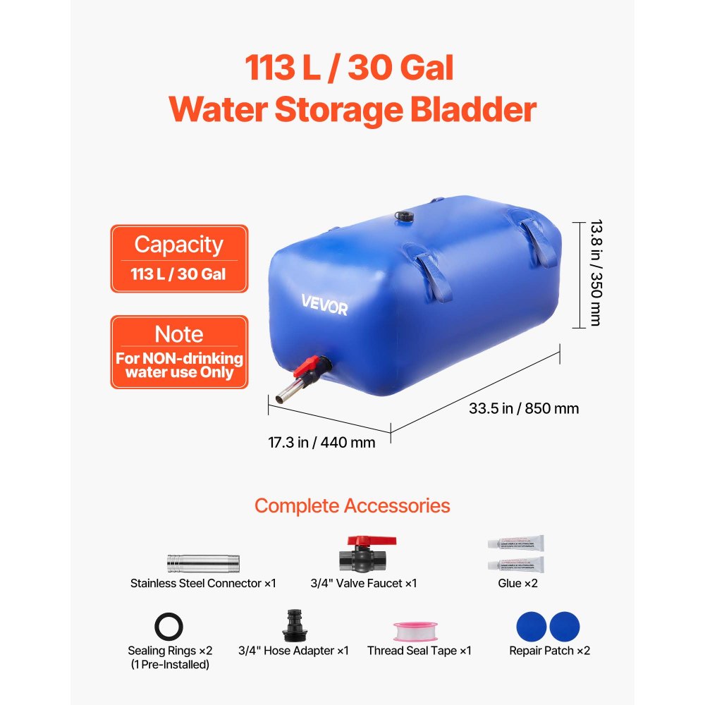 VEVOR Water Storage Bladder 30 Gallon Large Capacity Water Bag, Portable & Collapsible Soft Waters Container, Leakproof & Tear-Resistant PVC Emergency Waters Storage Tank for RV Truck & Outdoor Use