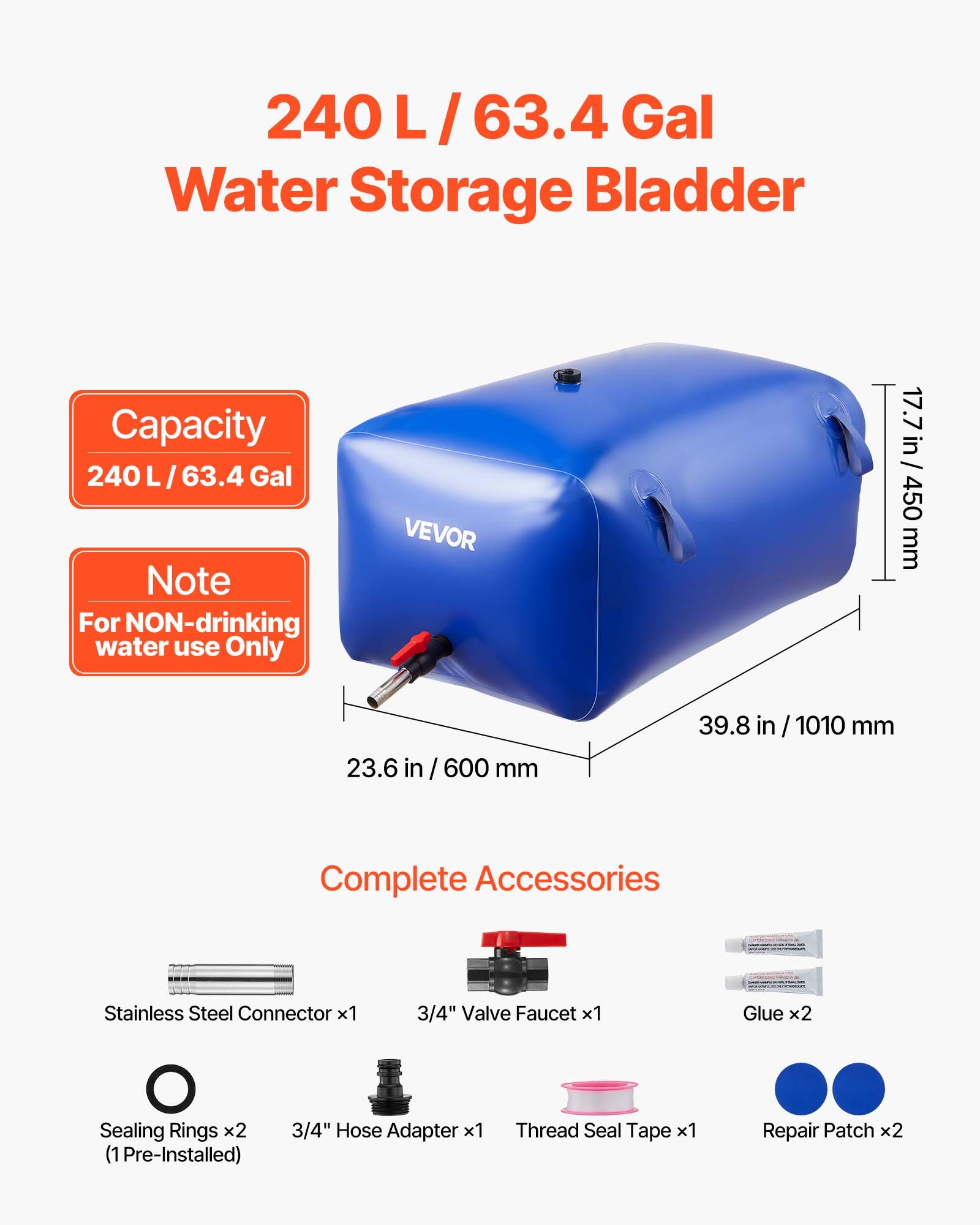 VEVOR Water Storage Bladder 63.4 Gallon Large Capacity Water Bag, Portable & Collapsible Soft Waters Container, Leakproof & Tear-Resistant PVC Emergency Waters Storage Tank for RV Truck & Outdoor Use
