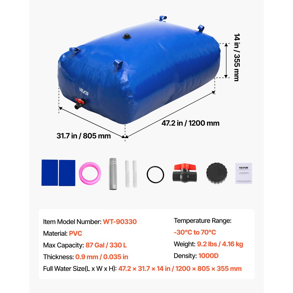 VEVOR Waterzak-opslagcontainer, 330L watertank, 1000D PVC verdikte waterzak, 0,9 mm opvouwbare waterzak, voor tuinirrigatie, kamperen, campers, noodgebruik - Blauw