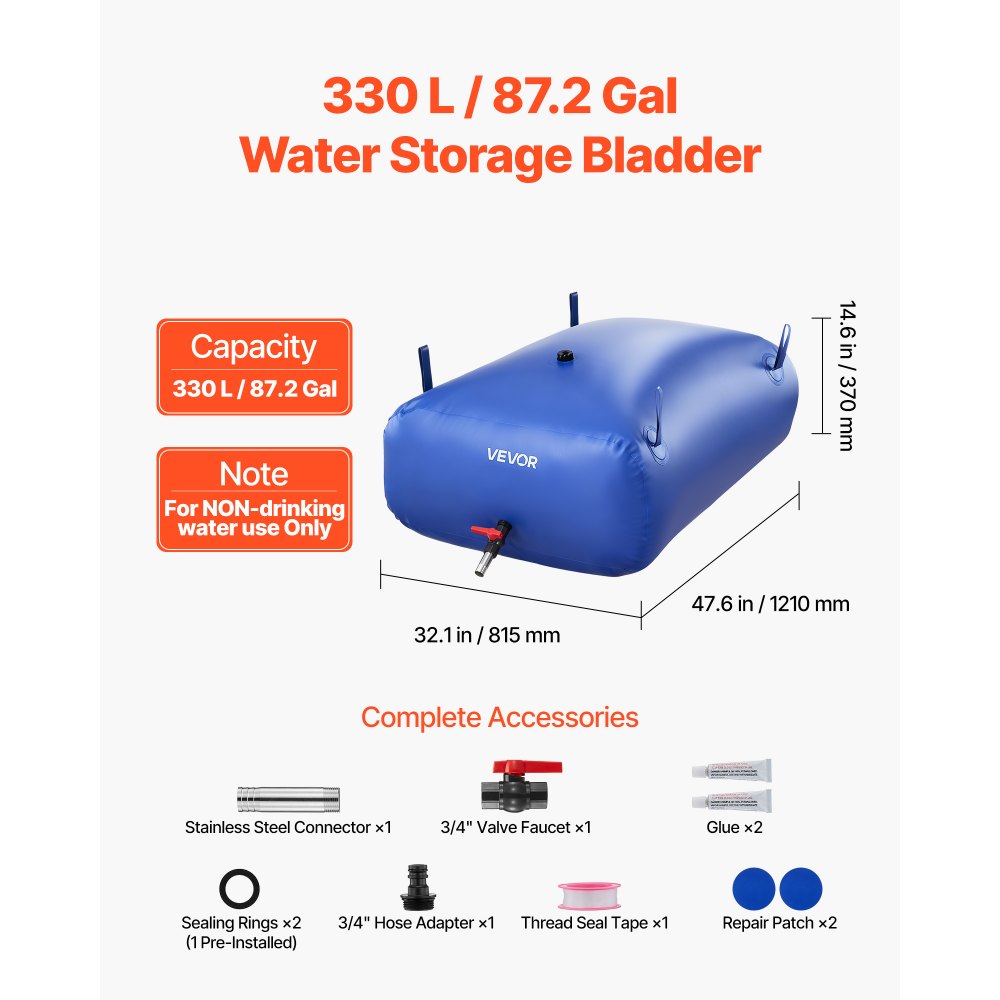 VEVOR waterzak, 330 liter waterzak met kraan, opvouwbare en draagbare waterzak gemaakt van 1000D PVC, wateropslag voor irrigatiesystemen, droogtebestendig en voor noodhulp, blauw