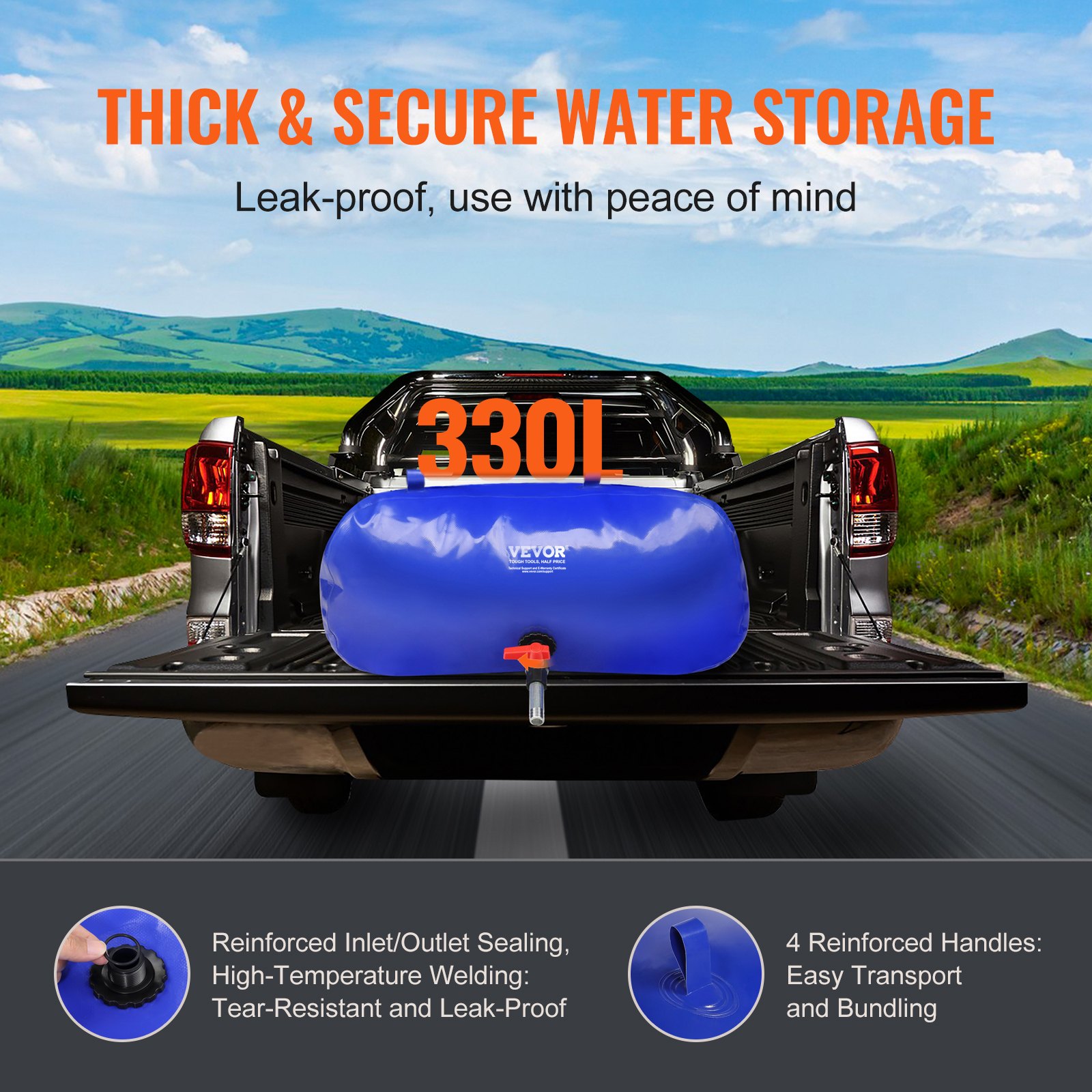 VEVOR 330L/87 Gallon Water Storage Bladder, RV Water Tank, 1000D Blue PVC Collapsible Water Storage Containers, Large Capacity Soft Water Bag, Portable Water Bladder, Fire Prevention, Camping