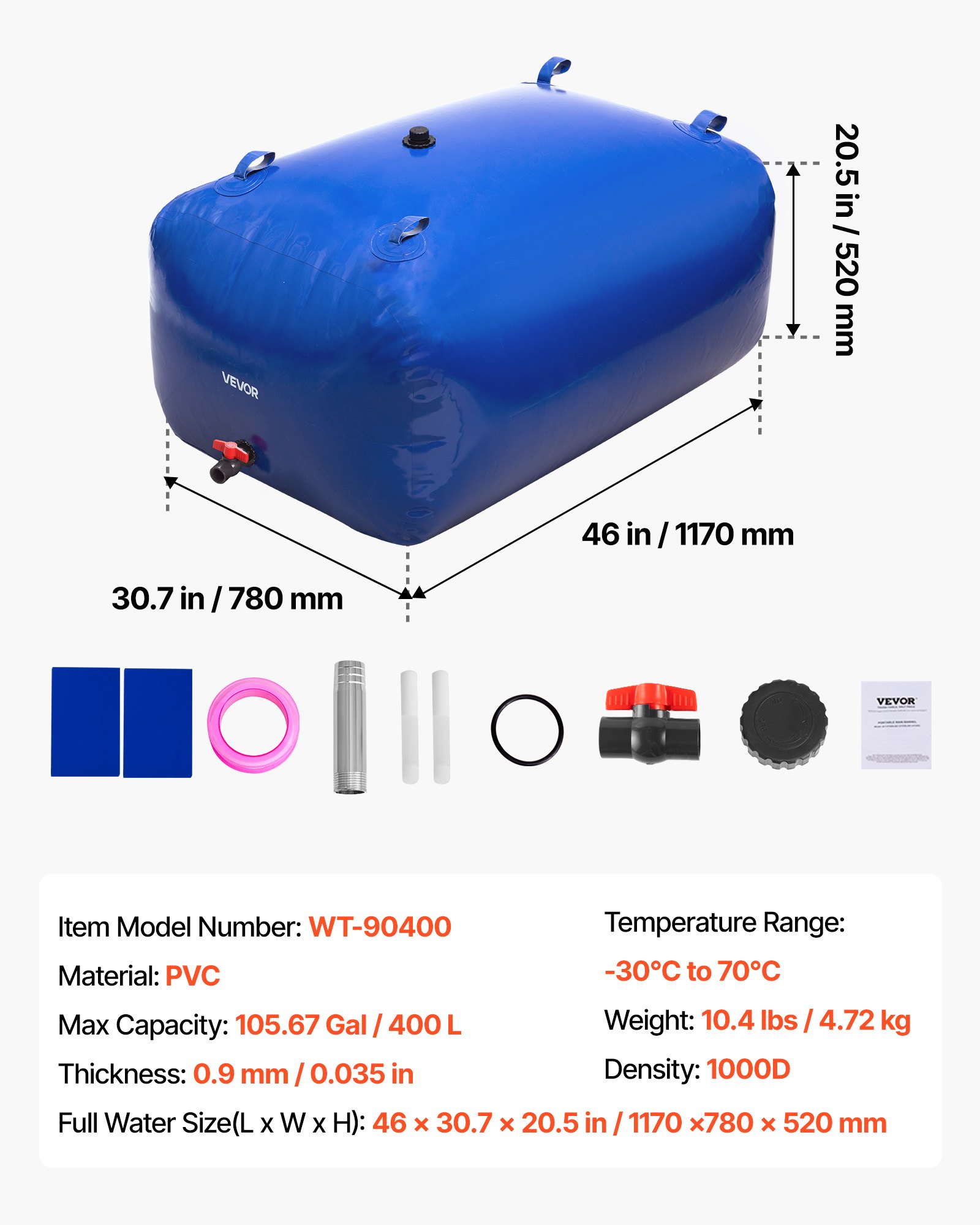VEVOR Waterzak-opslagcontainer, 400L watertank, 1000D PVC verdikte waterzak, 0,9 mm opvouwbare waterzak, voor tuinirrigatie, kamperen, campers, noodgebruik - Blauw