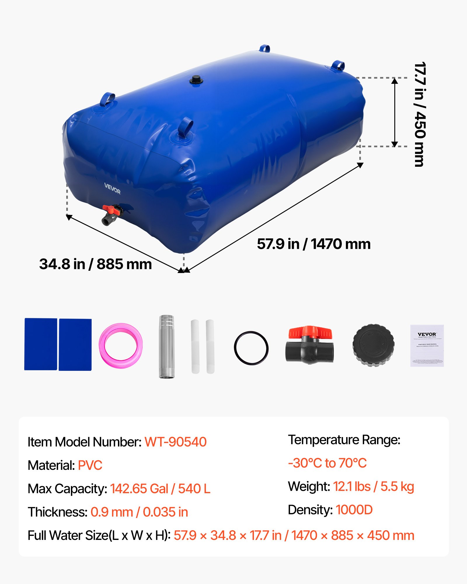 VEVOR Waterzak-opslagcontainer, 540L watertank, 1000D PVC verdikte waterzak, 0,9 mm opvouwbare waterzak, voor tuinirrigatie, kamperen, campers, noodgebruik - Blauw