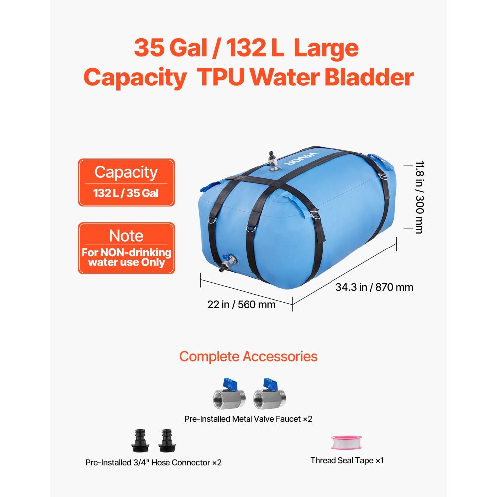 VEVOR Water Storage Bladder, 35 Gallon Large Capacity TPU Soft Water Bag, Portable & Collapsible Water Storage Containers, Leakproof & Wear-Resistant RV Waters Tank for Camping Irrigation Outdoor Use